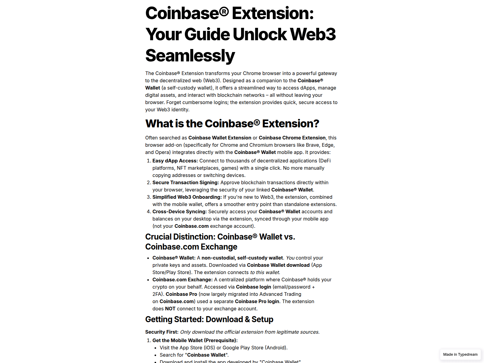 Screenshot of extenson-coinbases.typedream.app