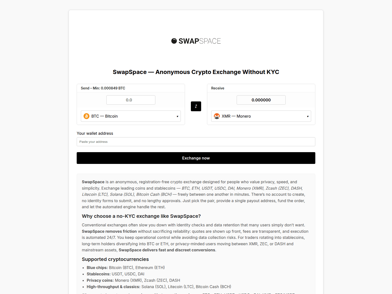 Screenshot of swapspace.exchange