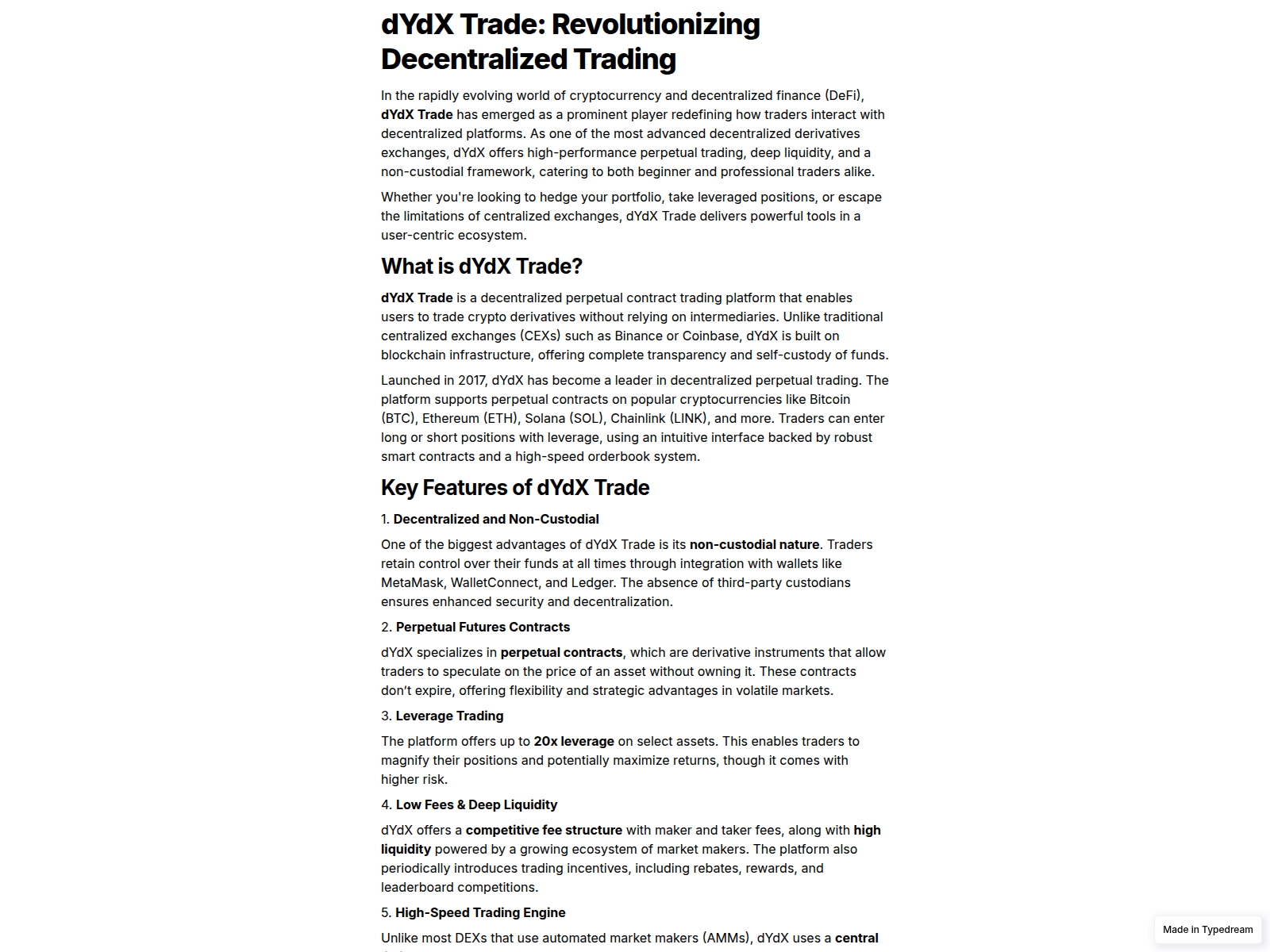 Screenshot of dydxtrade--vissit.typedream.app