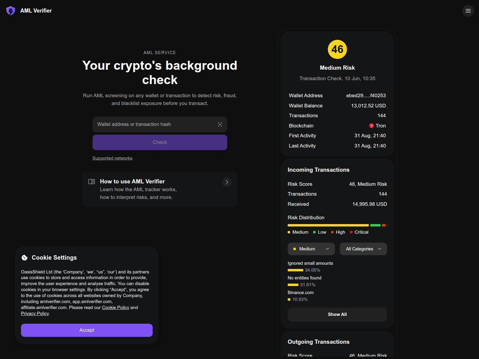 Forensic screenshot of app.amlverifier.com