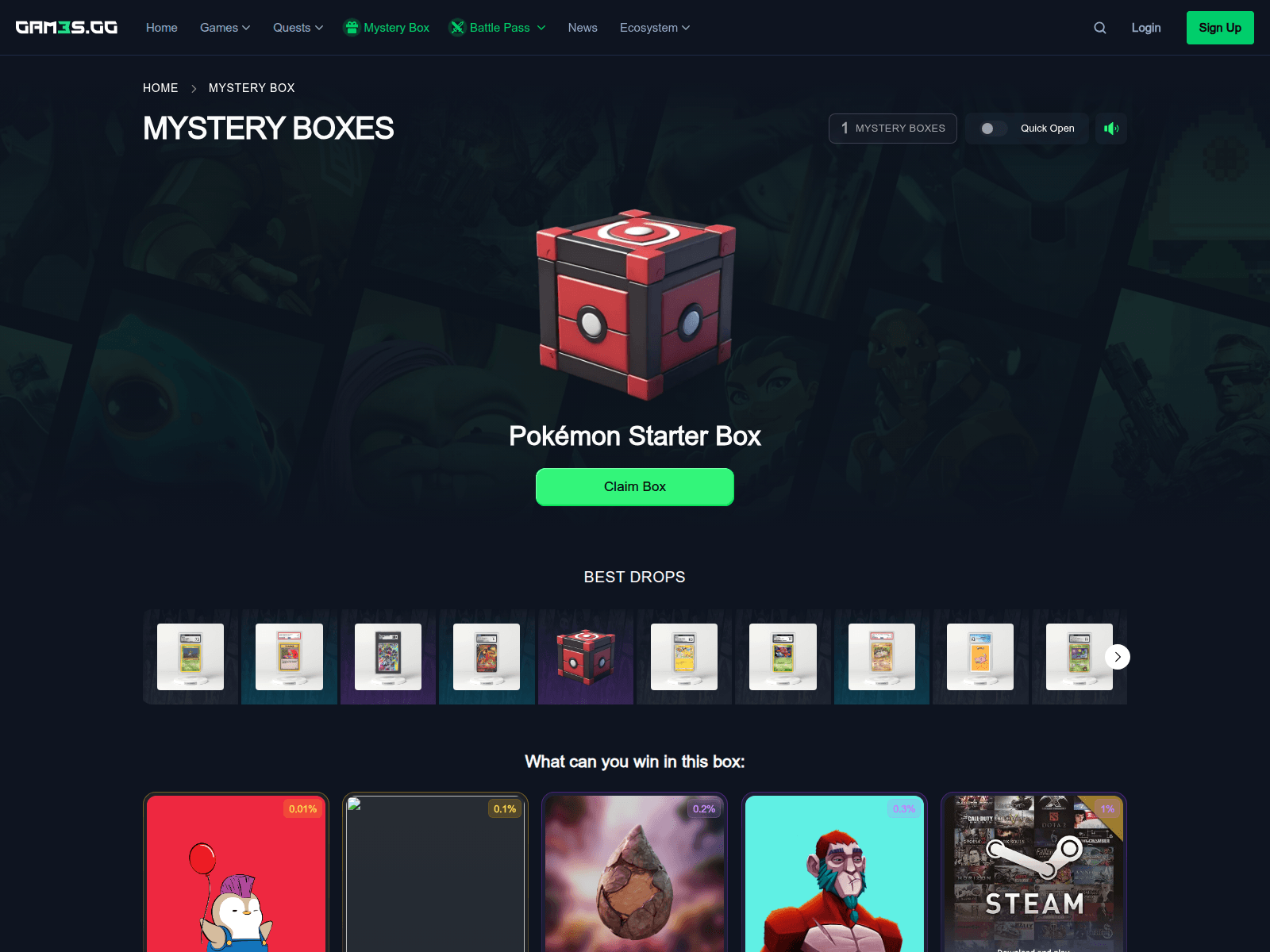 Screenshot of mysterybox.gam3s.claims