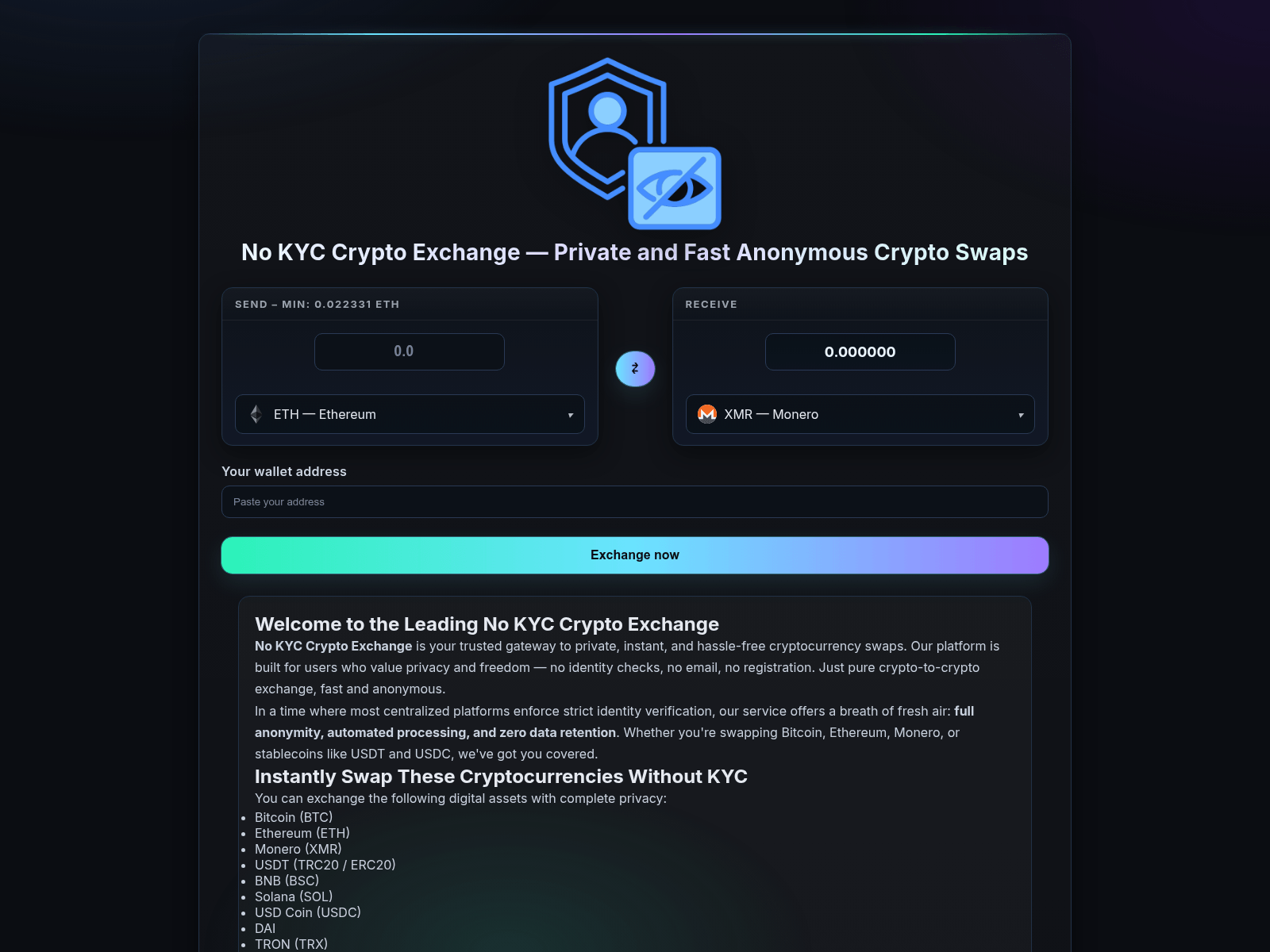 Screenshot of no-kyc-crypto.exchange
