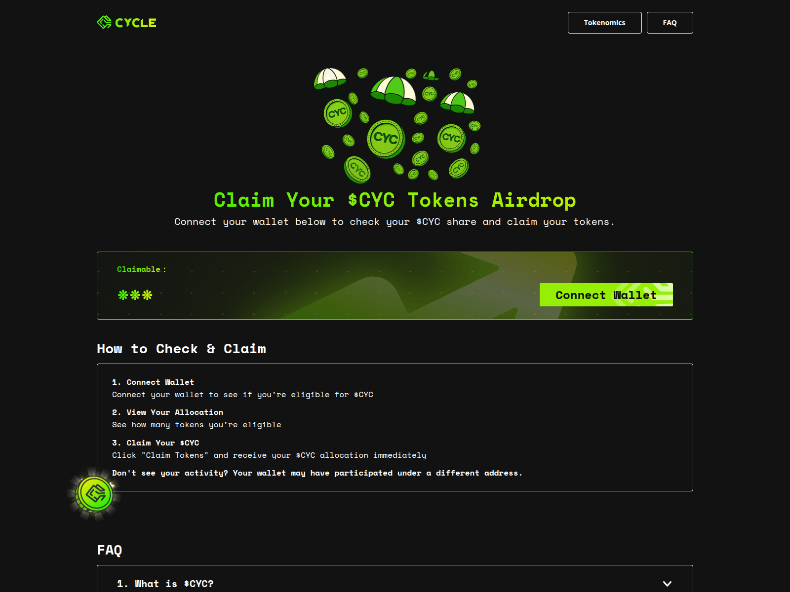 Screenshot of airdrop.cyclenetwork.io