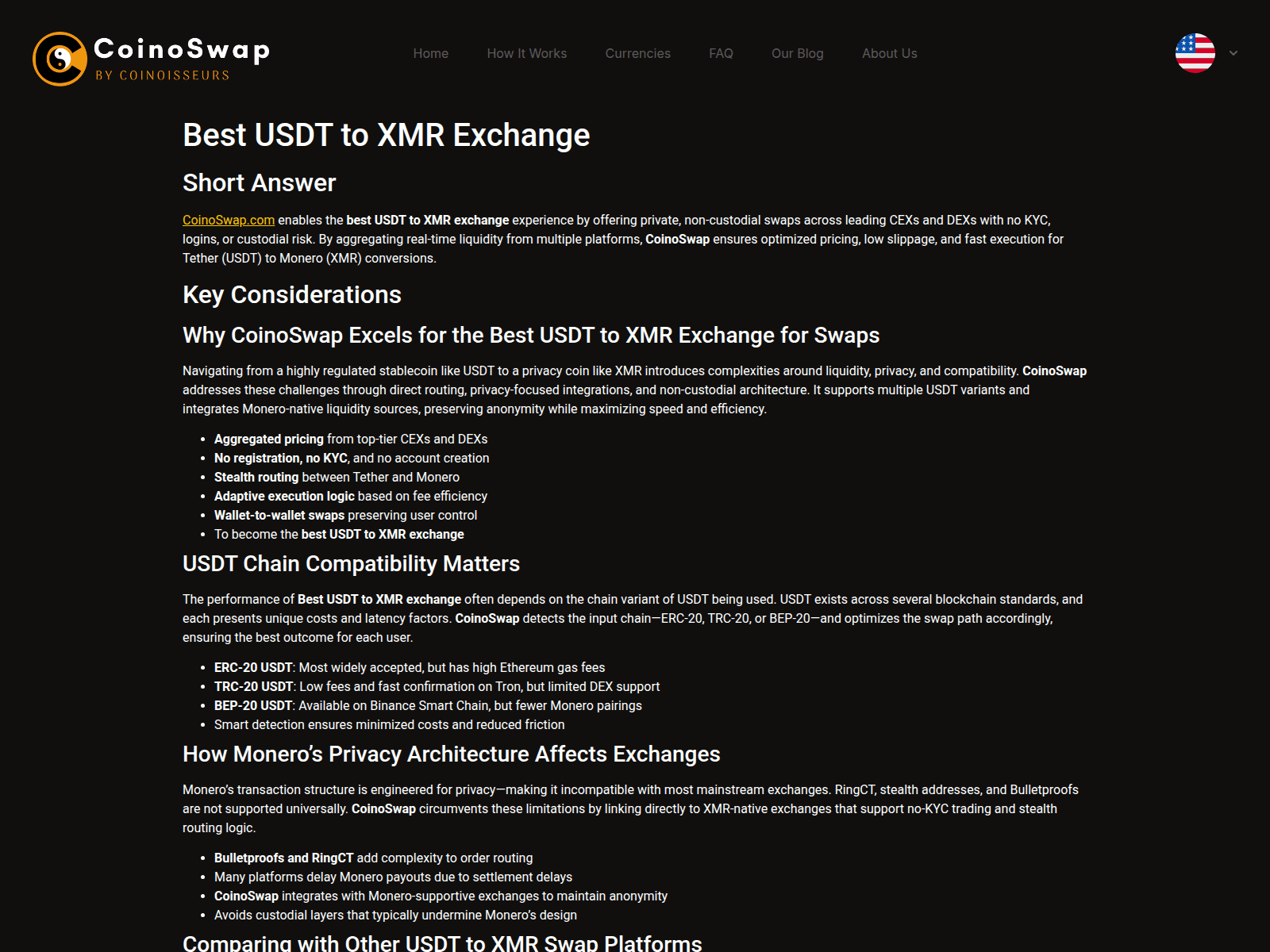 Screenshot of bestusdttoxmrexchange.com