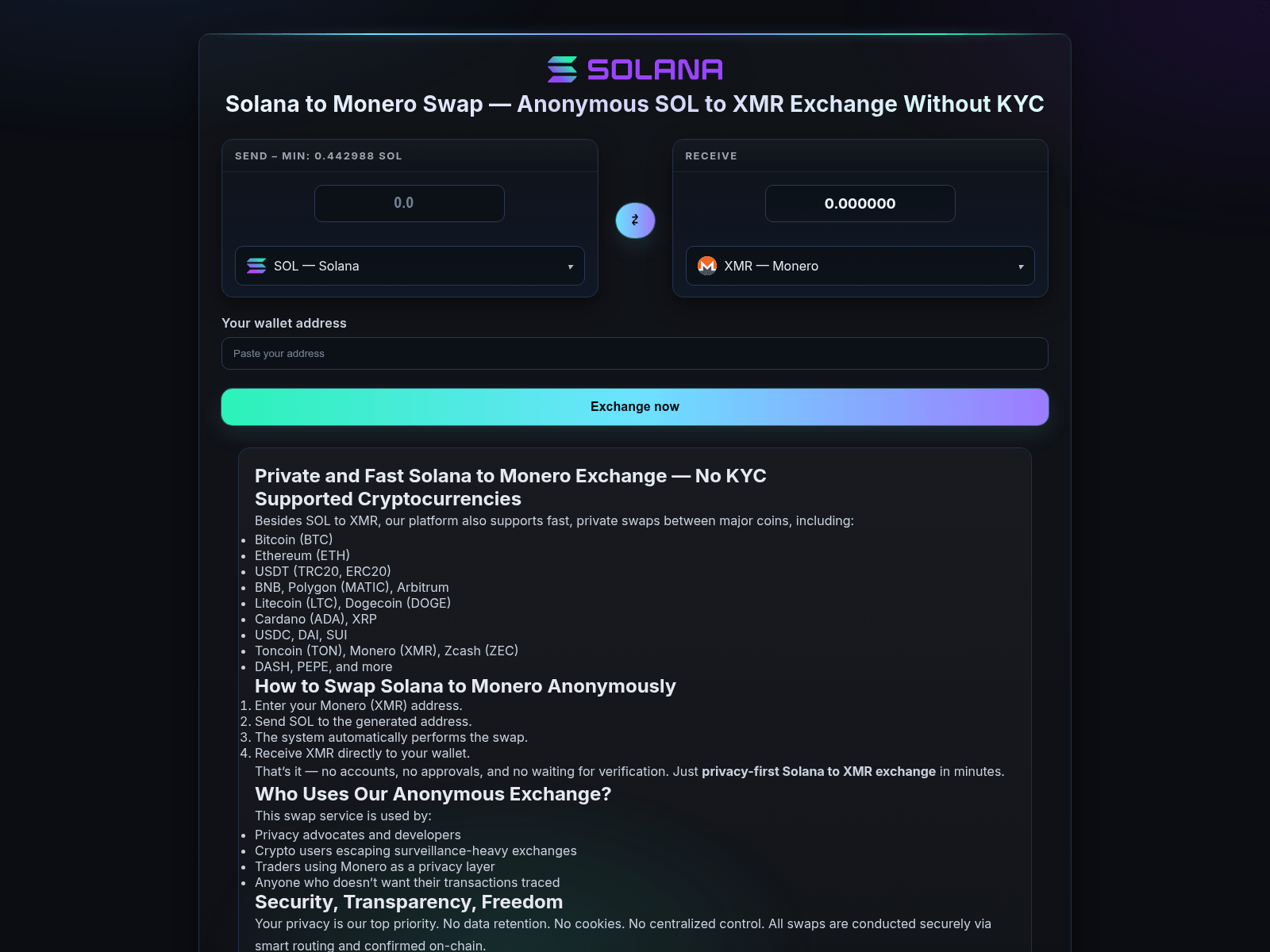 Screenshot of solana-to-monero.exchange