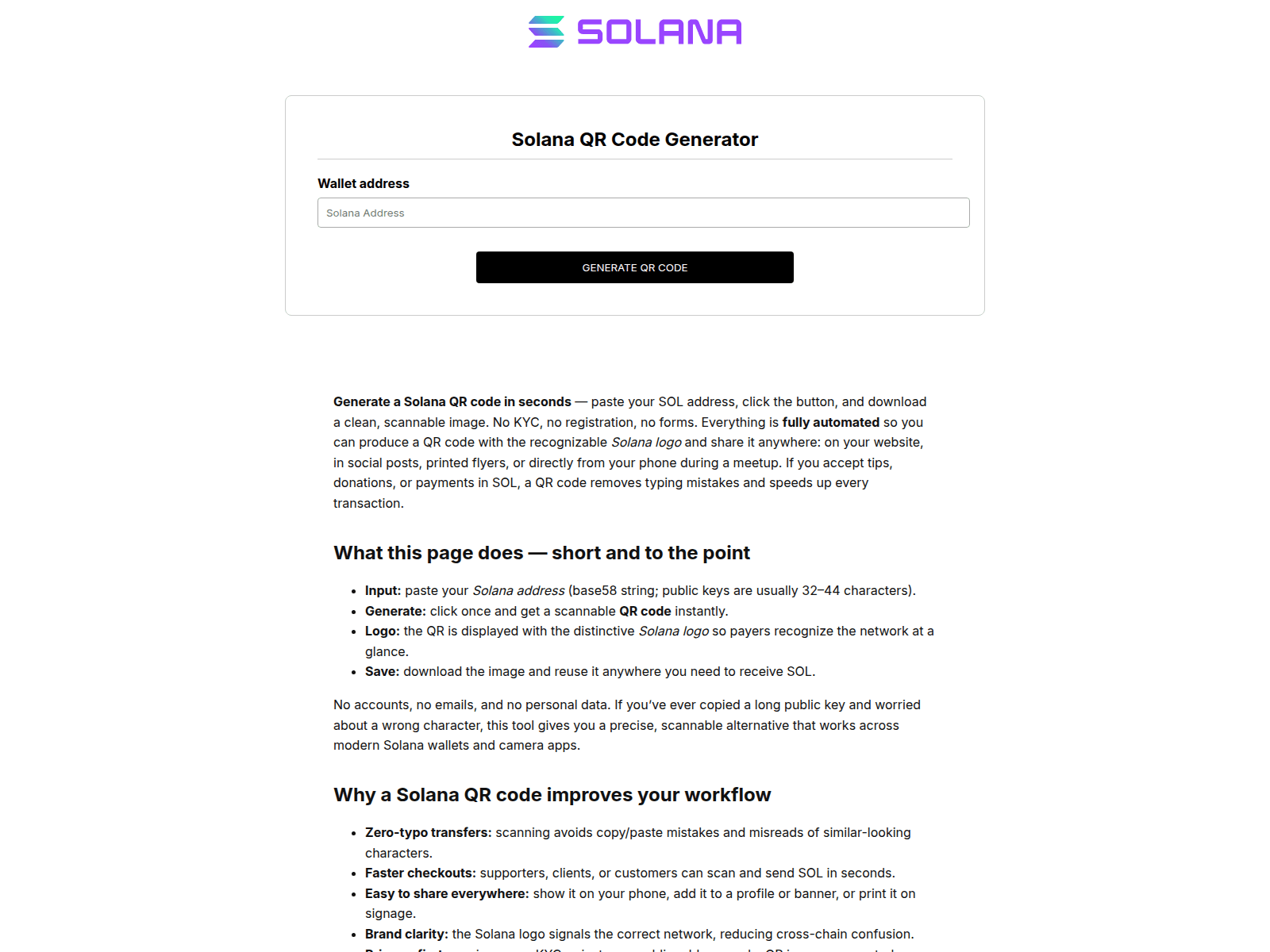 Screenshot of solana-qr-code-generator.com