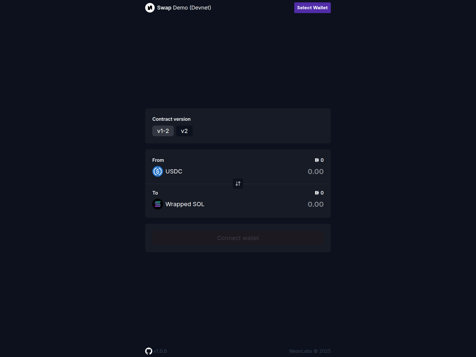 Screenshot of neon-solana-native-swap-demo.neontest.xyz