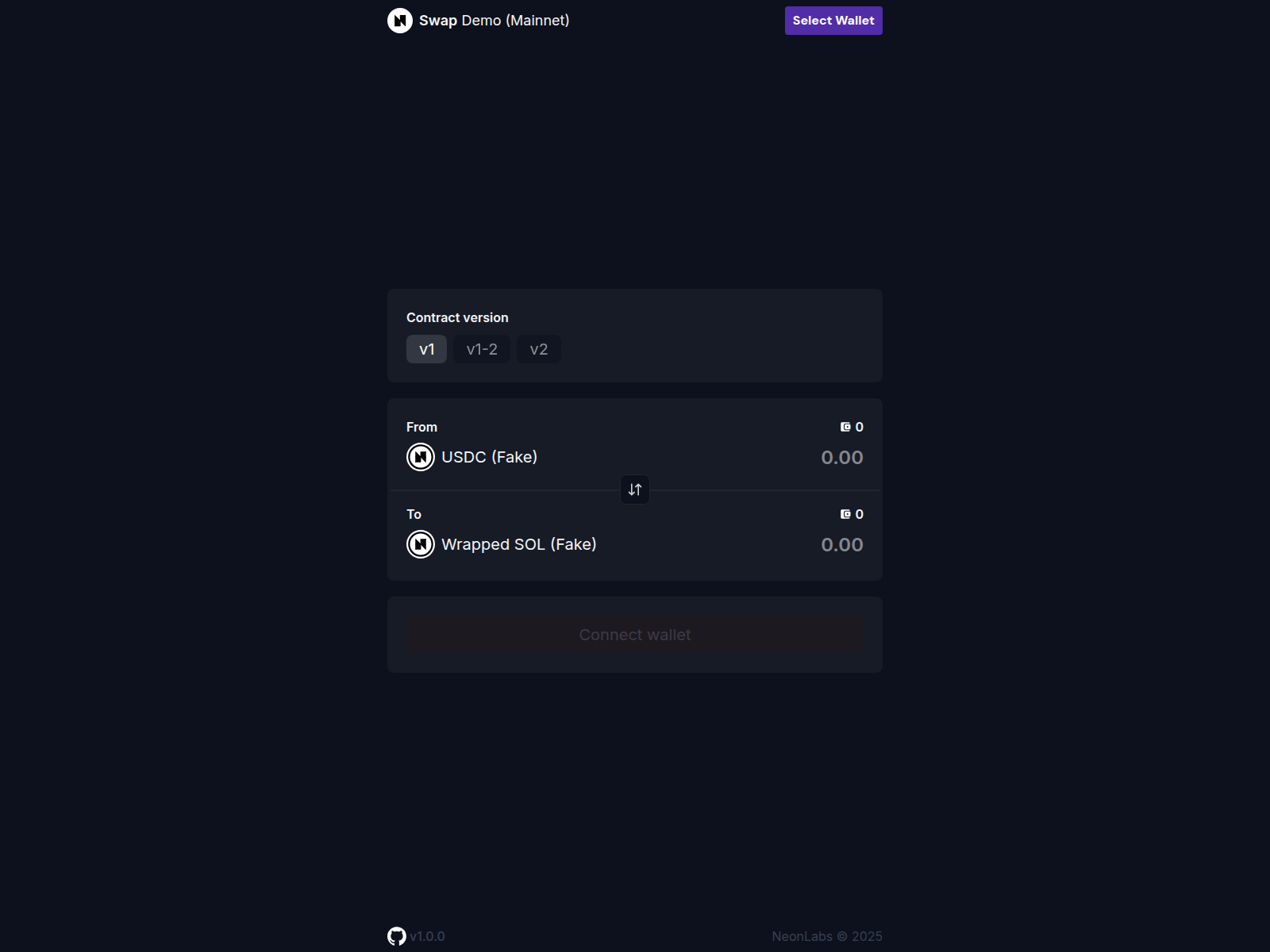 Screenshot of mainnet-neon-solana-native-swap-demo.neontest.xyz