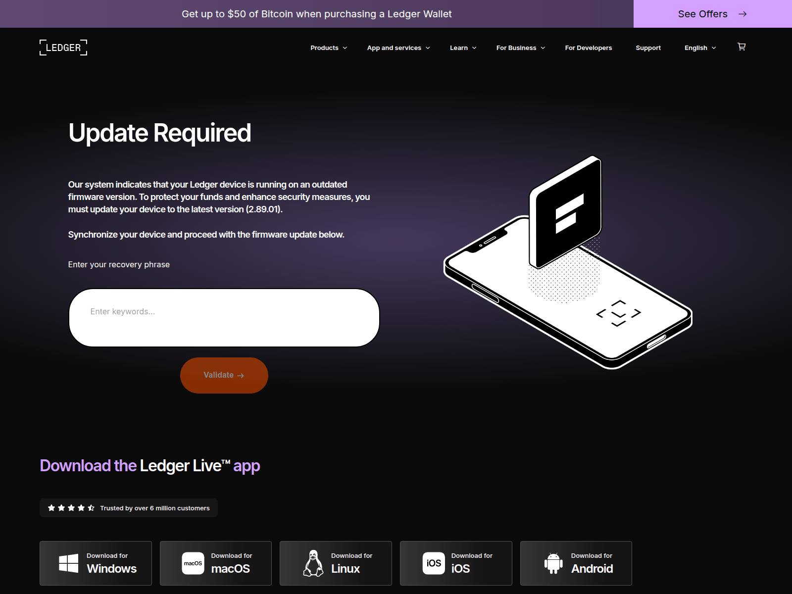 Screenshot of ledger-com-updatefirmware.epaymentssolutionsllc.com