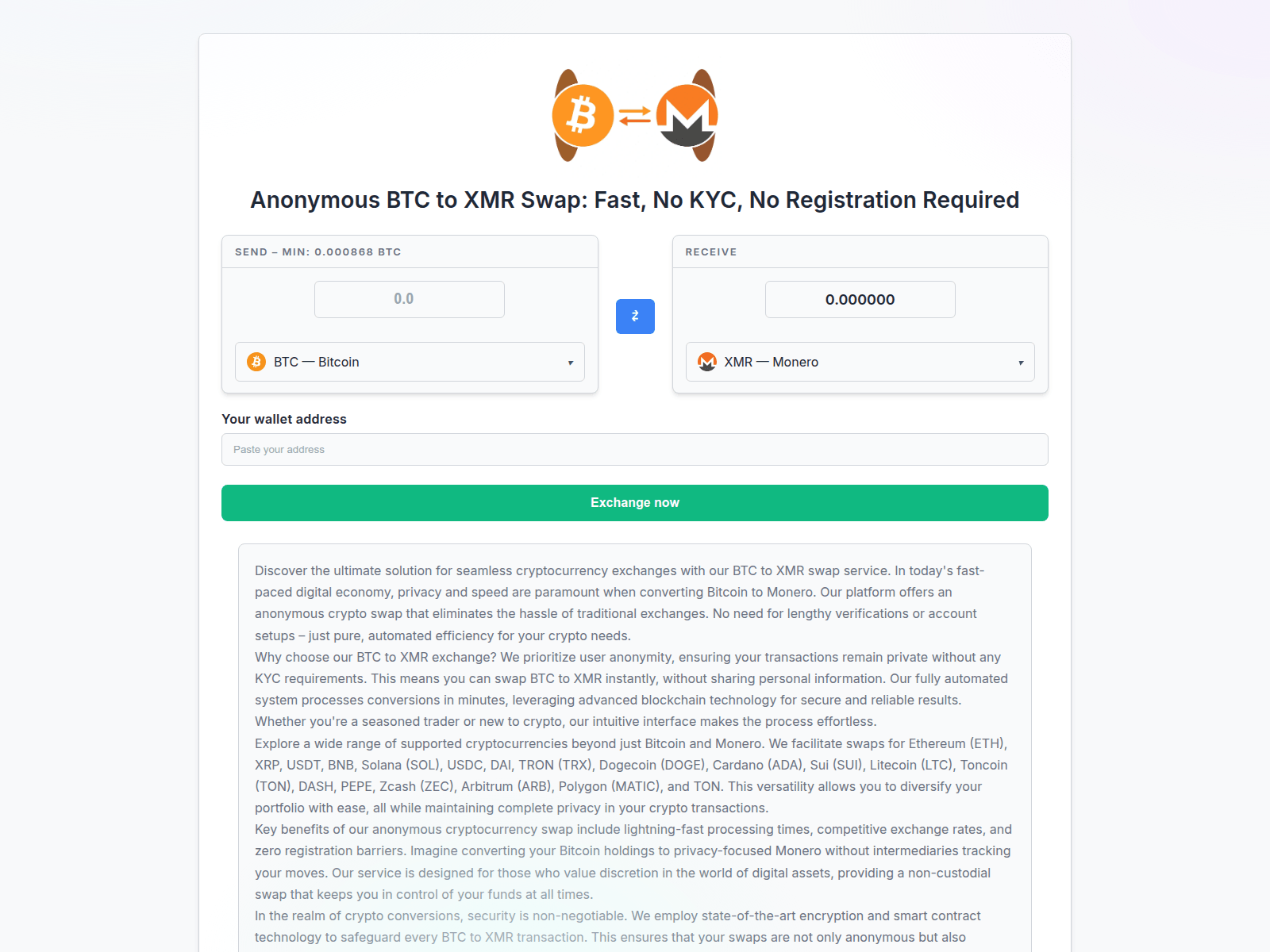 Screenshot of btc-to-xmr.exchange