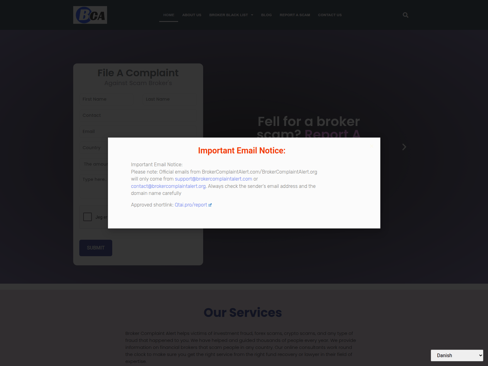 Screenshot of brokercomplaintalert.com