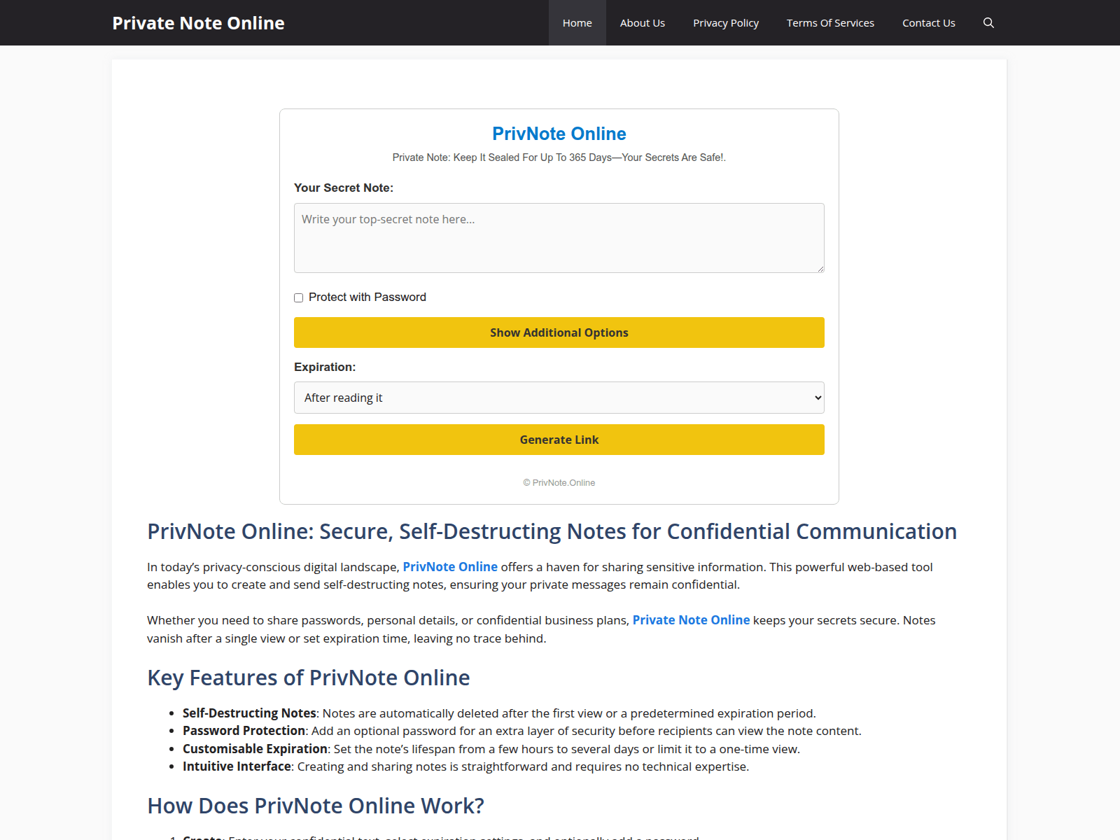 Screenshot of privnote.online