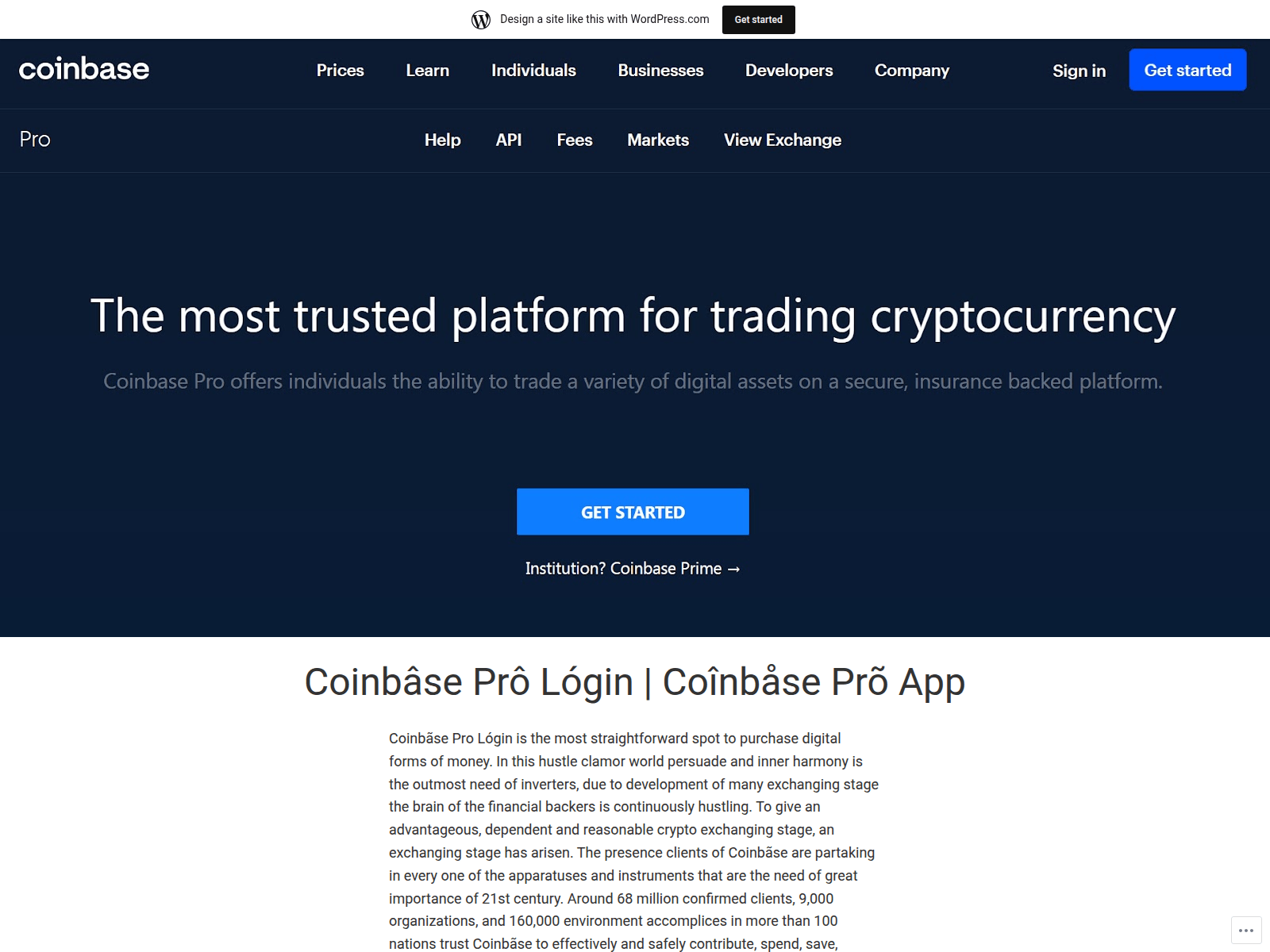 Screenshot of coinbaseprolloginn.wordpress.com