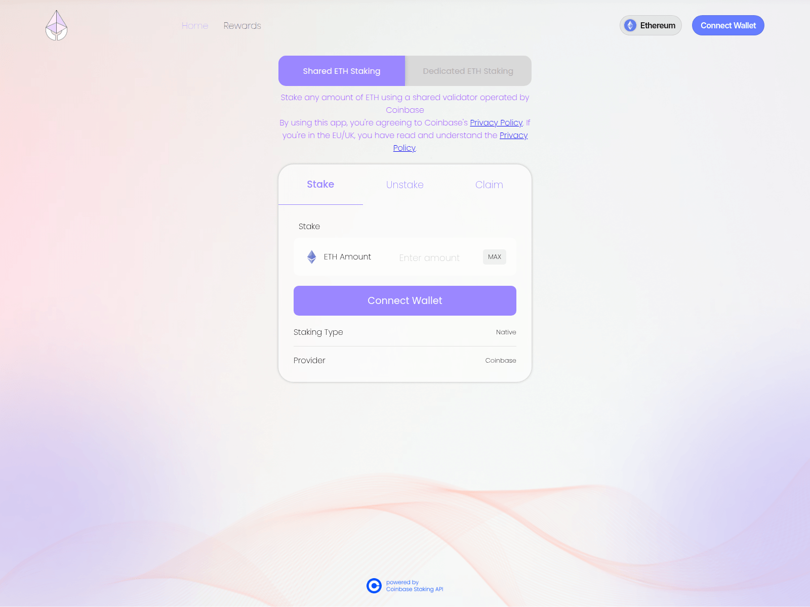 Screenshot of coinbase-stakemyeth-frontend.vercel.app