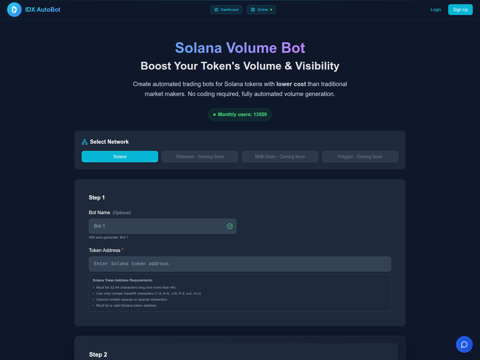 Screenshot of market-maker-volume.idxsolana.io