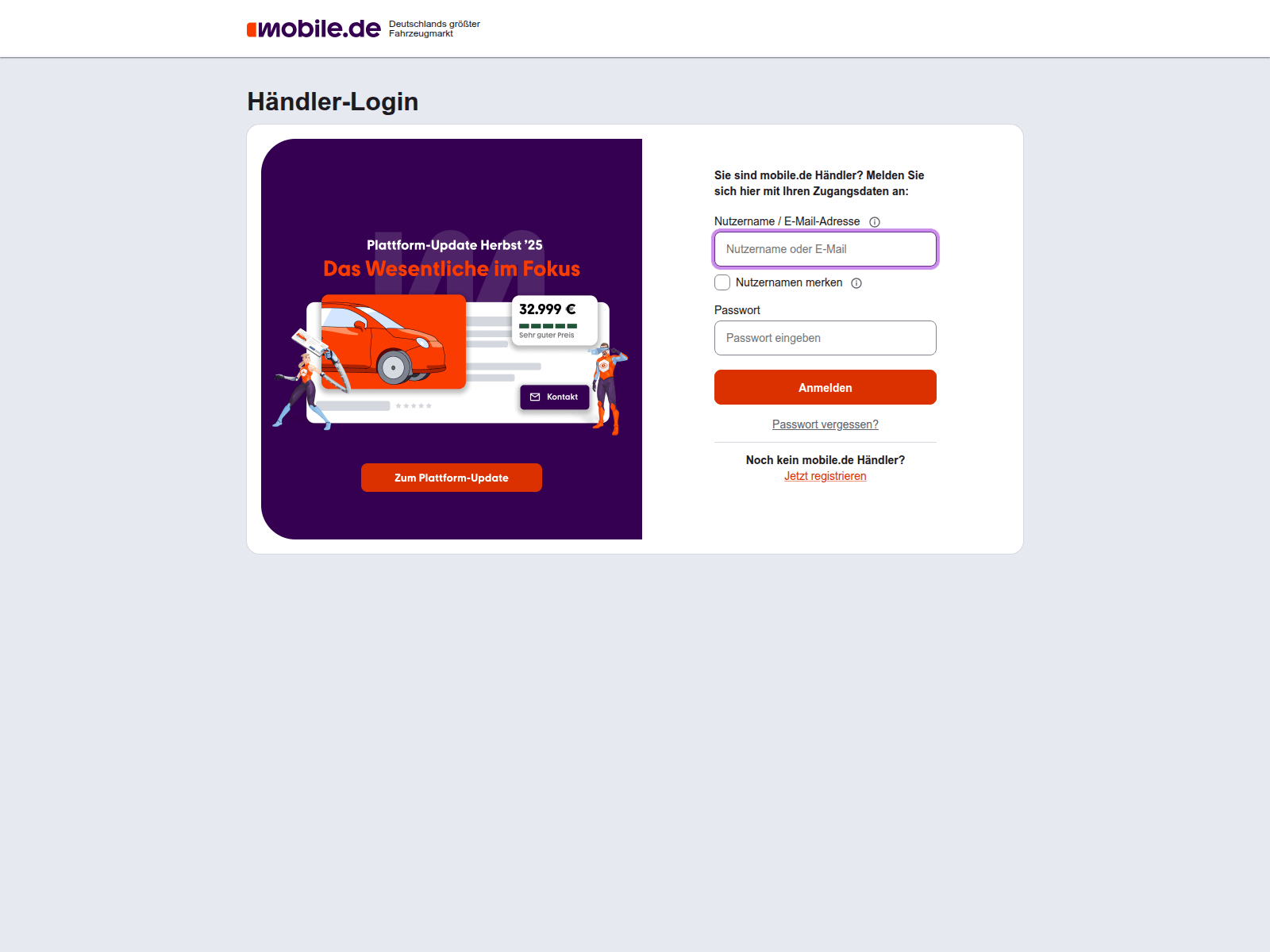 Screenshot of id.handel.mobile.de.login.service.syndicatebuildwell.com