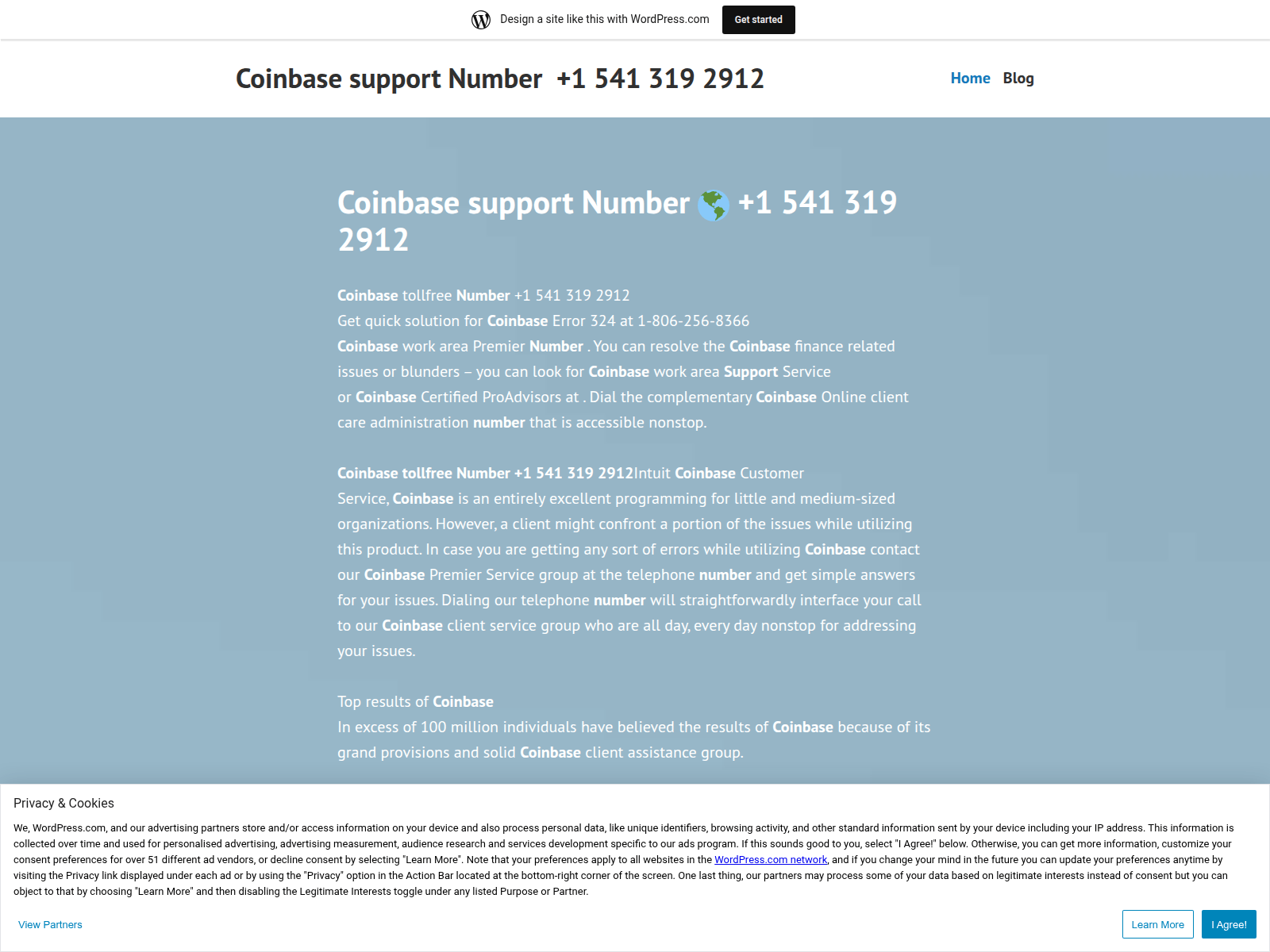 Screenshot of tollfreenumbercoinbase.wordpress.com