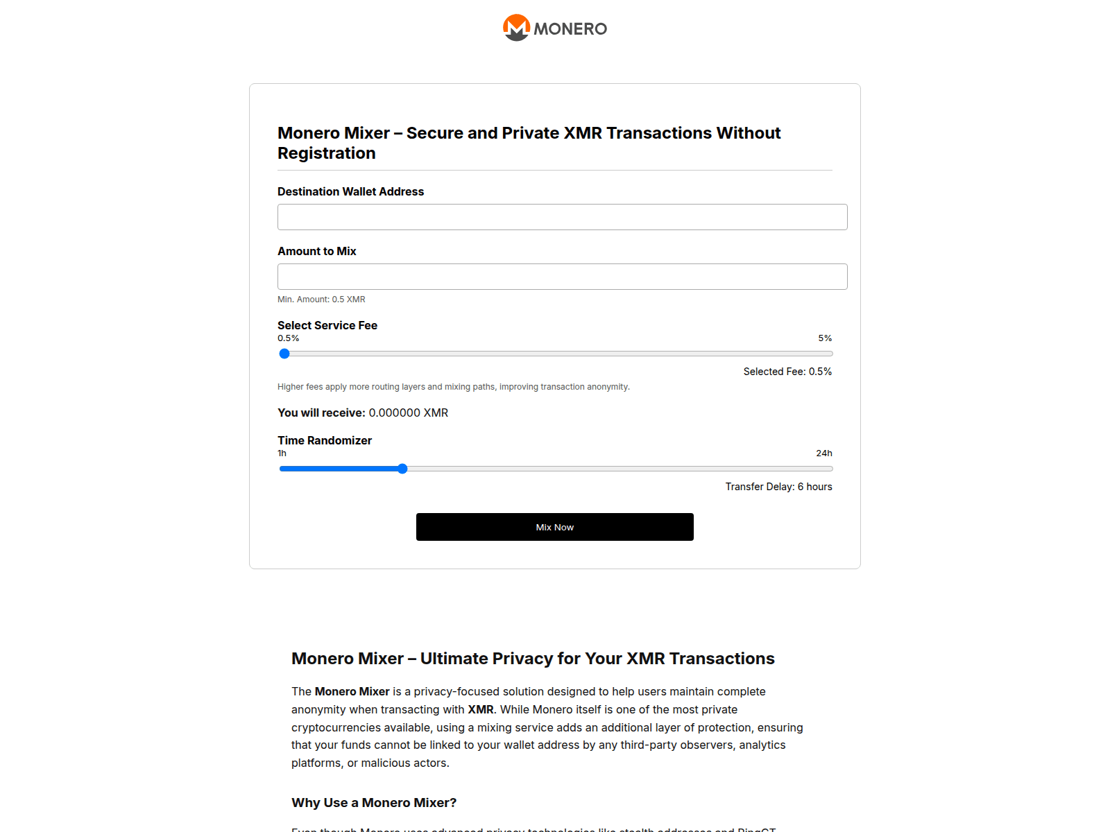Screenshot of monero-mixers.com