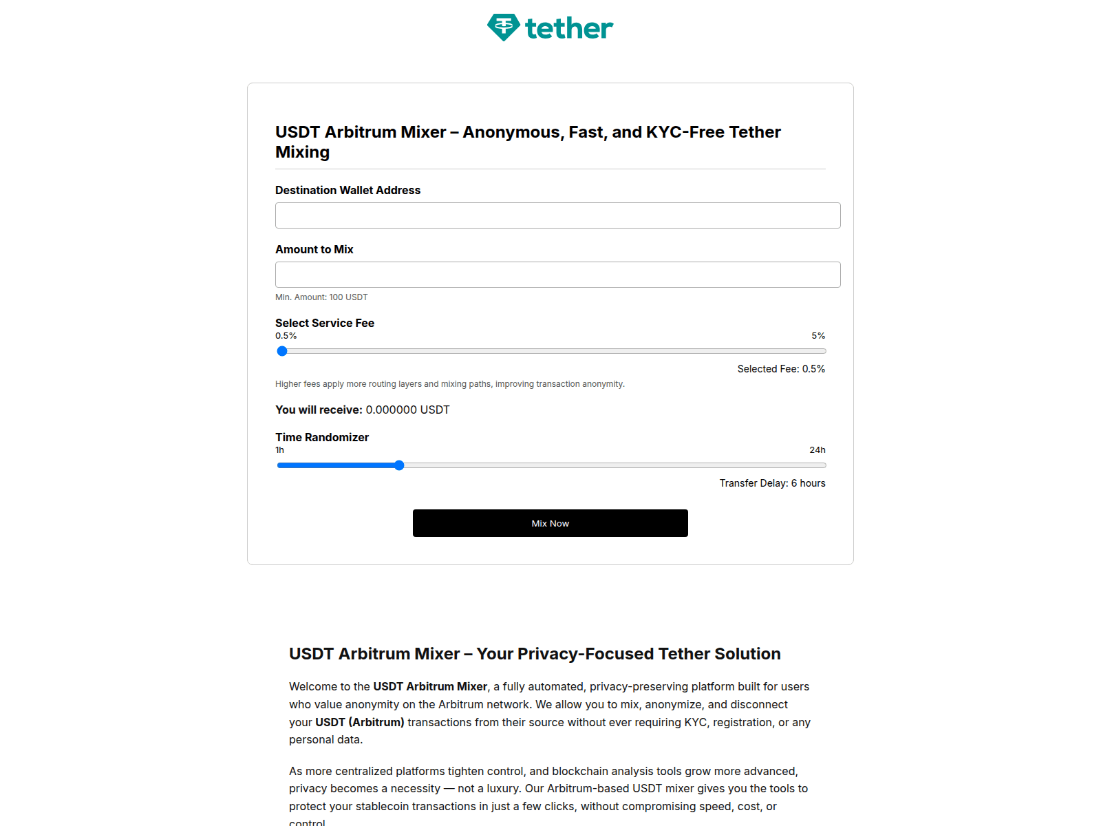 Screenshot of usdtarbmixer.com