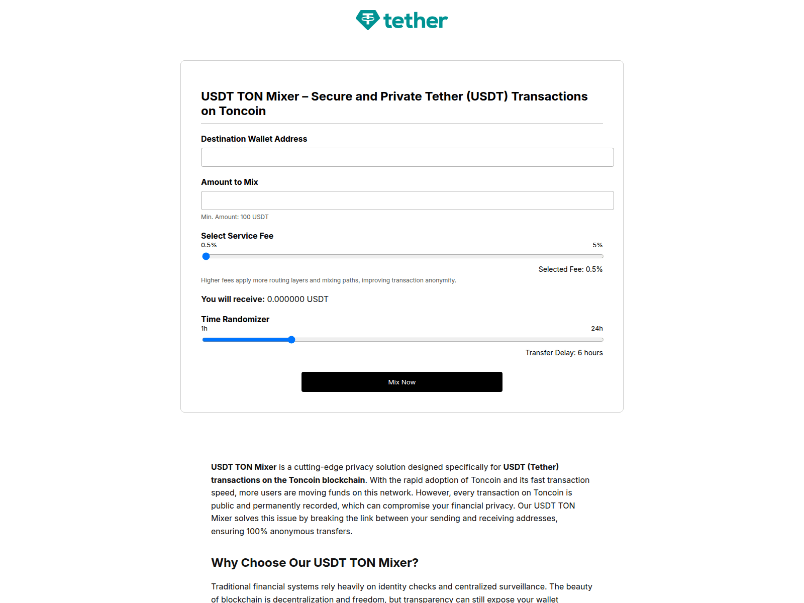 Screenshot of usdt-ton-mixer.com