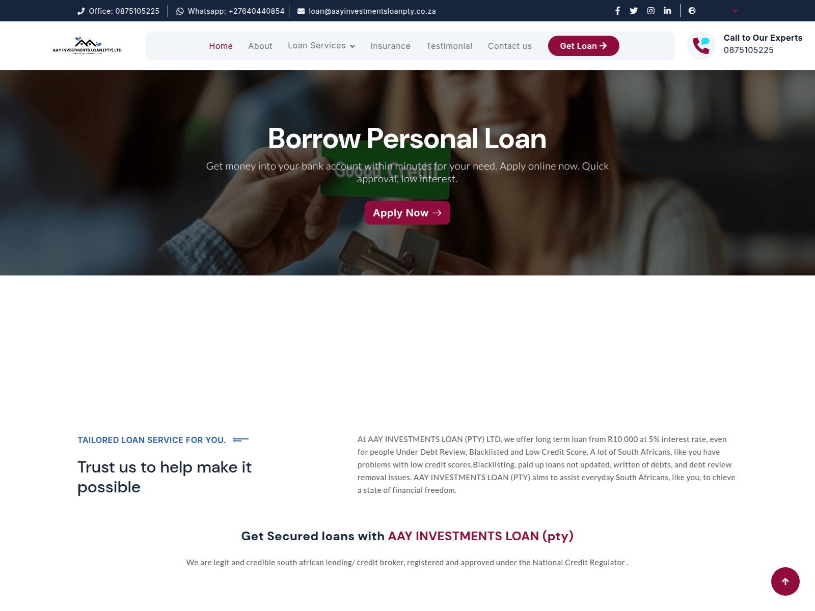 Screenshot of aayinvestmentsloanpty.co.za
