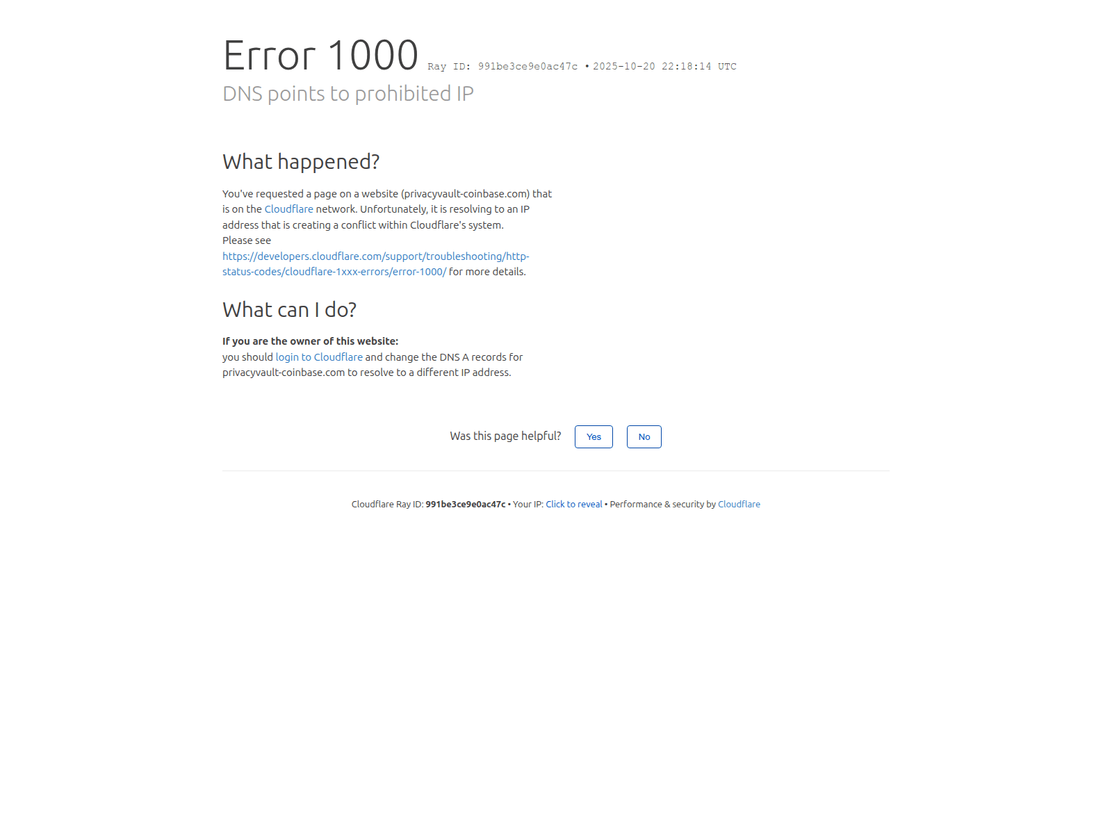 Screenshot of privacyvault-coinbase.com