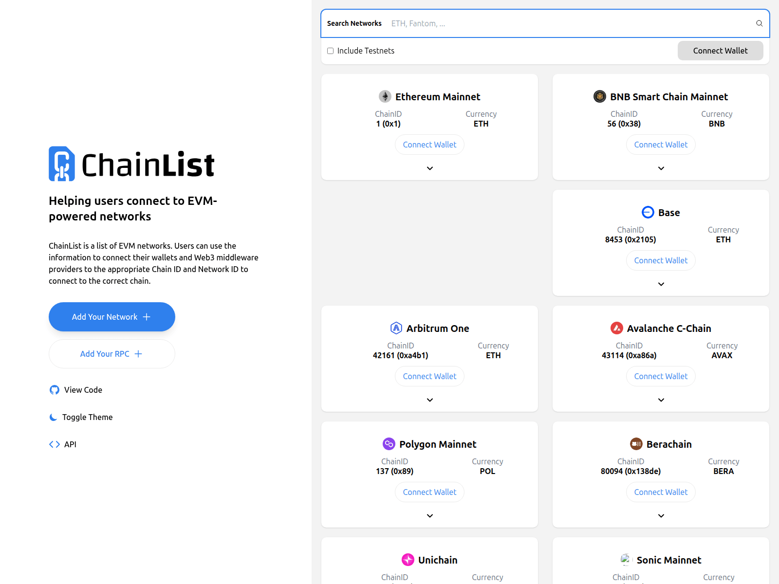Screenshot of chainlist.tel