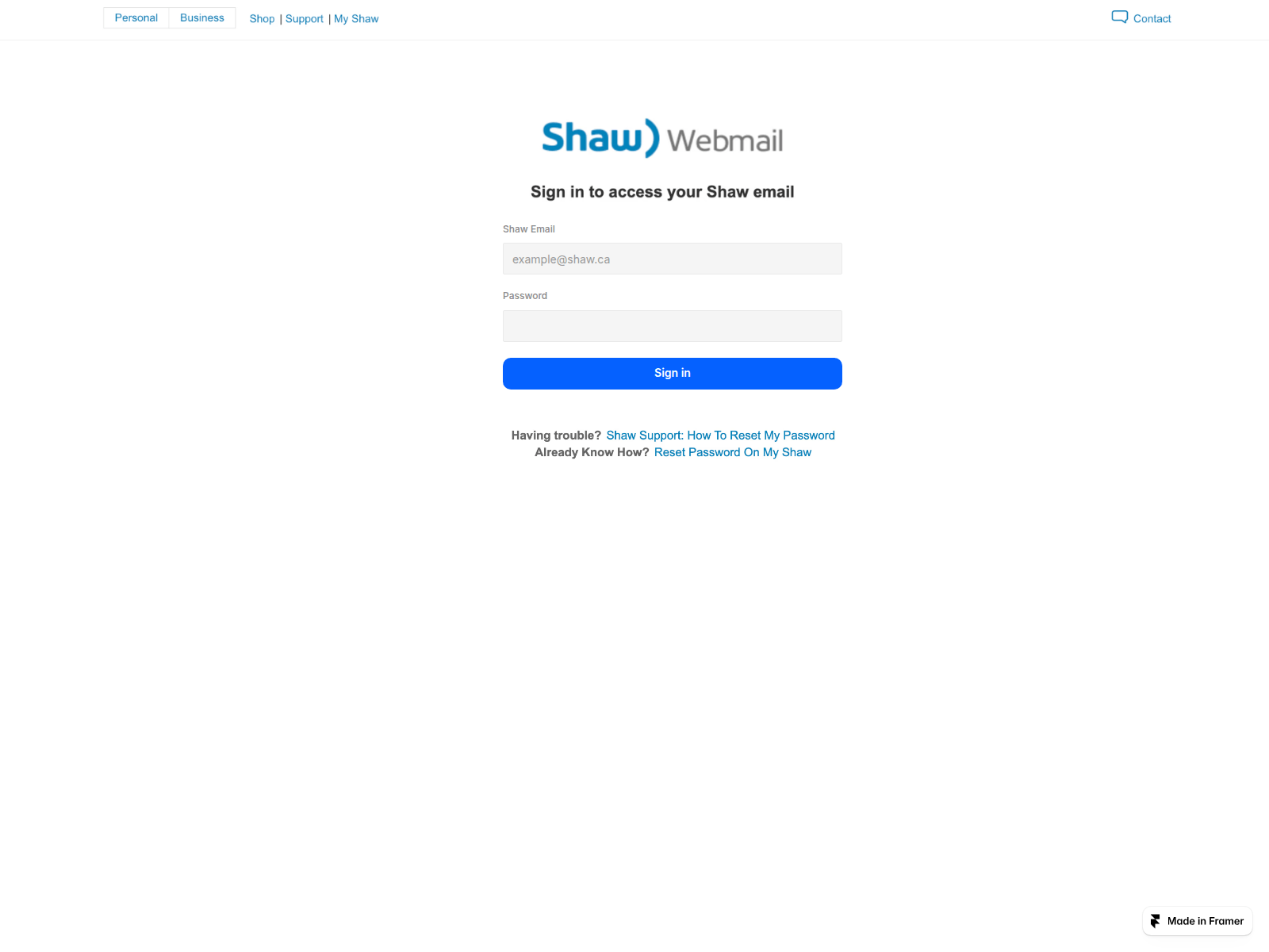 Screenshot of shawaccountsign-in.framer.website