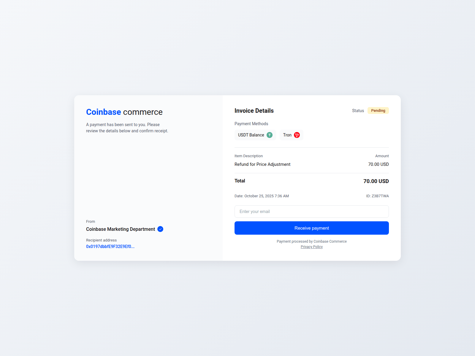 Screenshot of coinbasecheckout.com