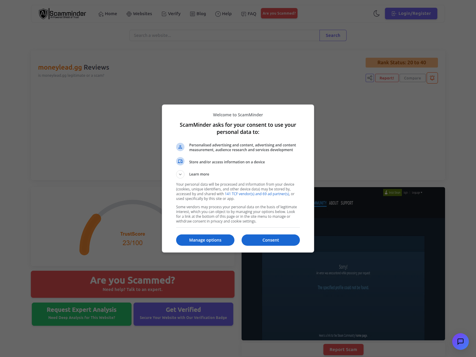 Screenshot of scamminder.com