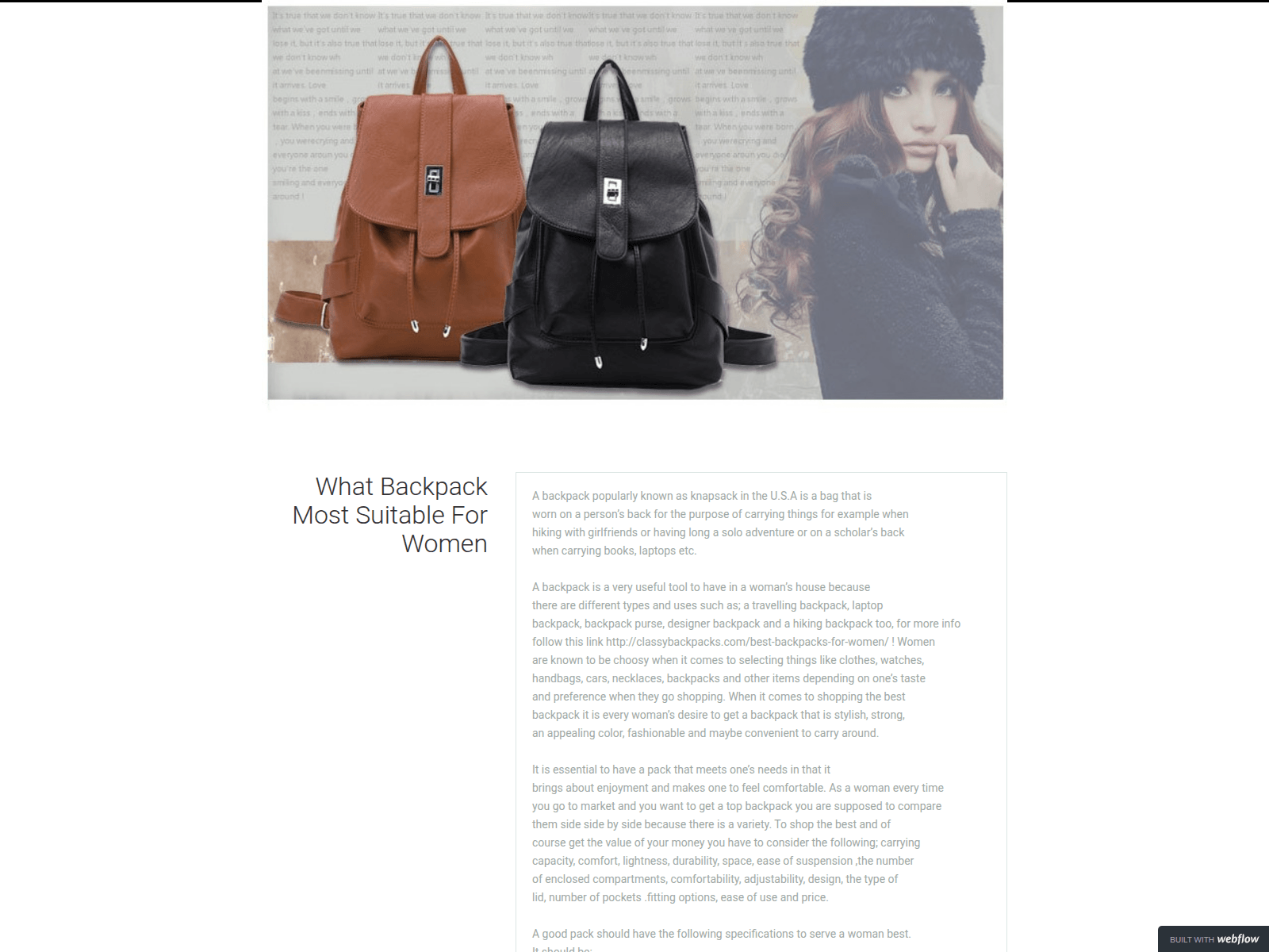 Screenshot of woman-backpack.webflow.io