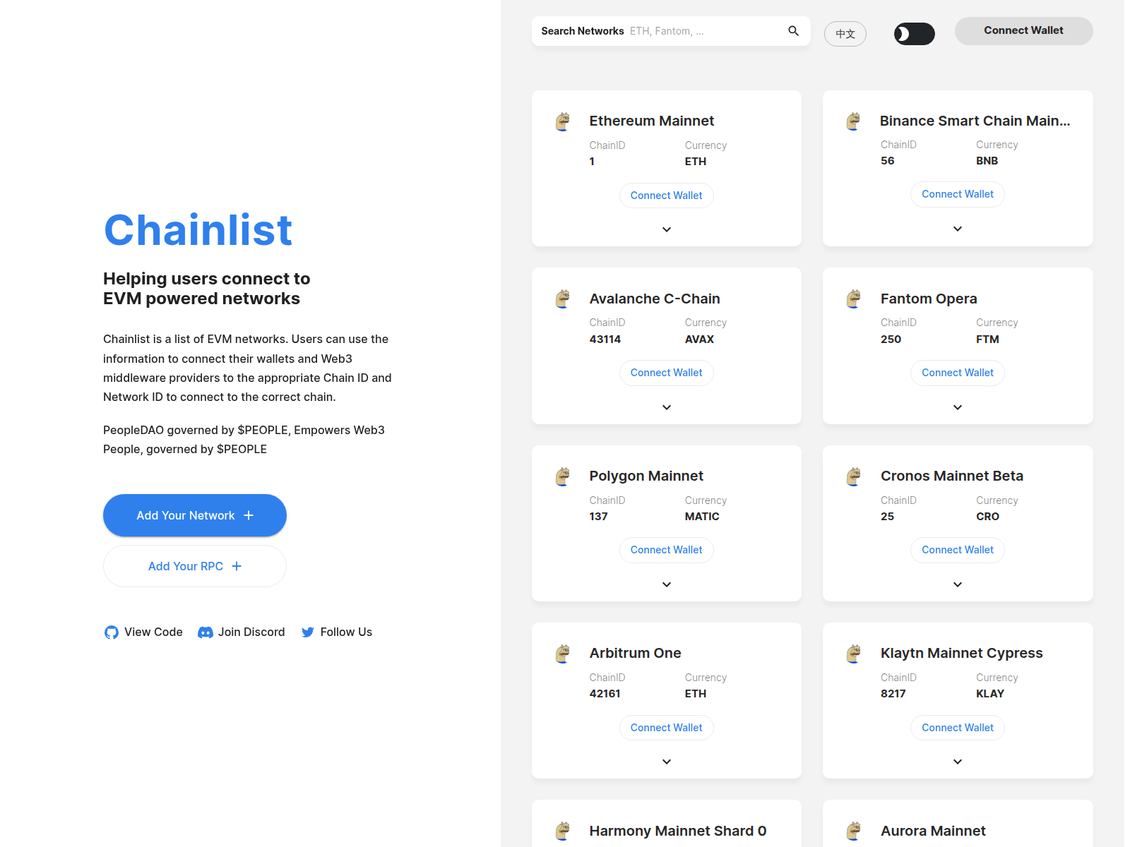 Screenshot of chainlist.people-dao.com