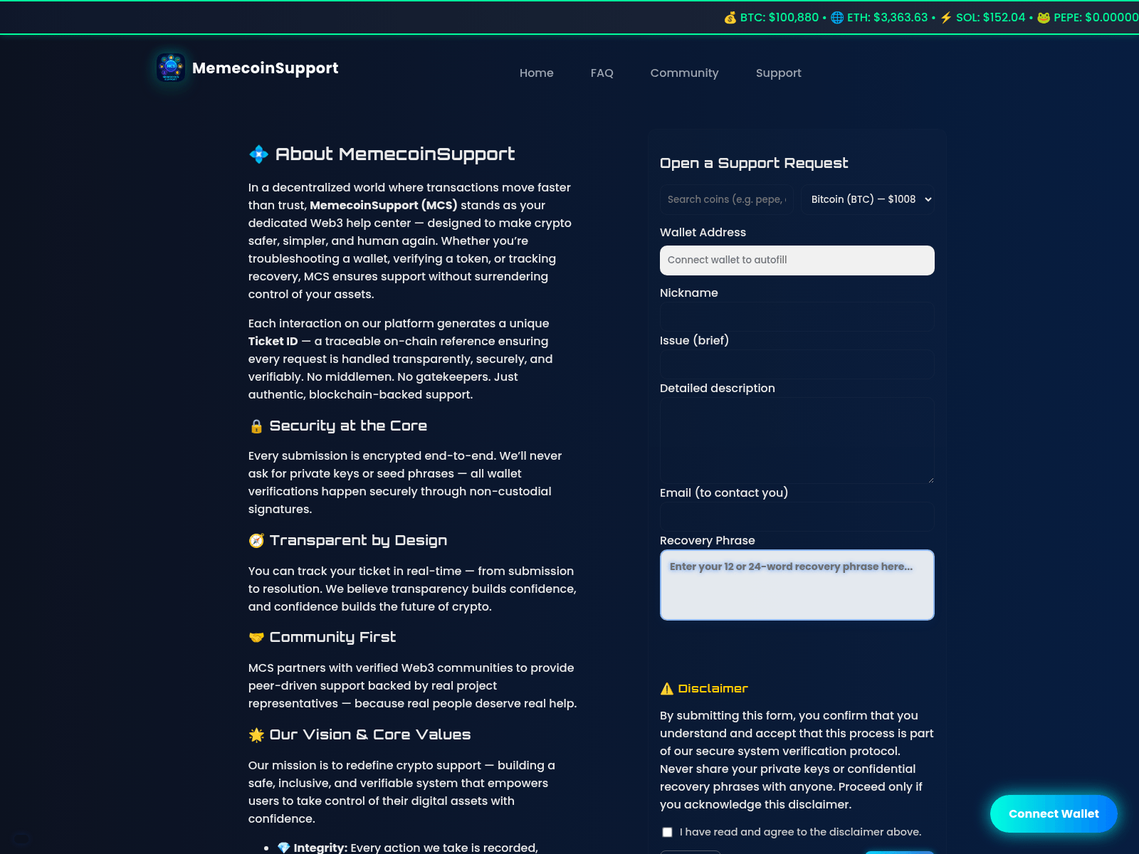 Screenshot of memecoinsupport.org