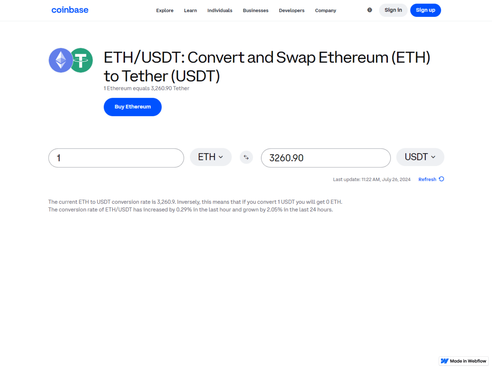 Screenshot of convert---eth-to--usdts.webflow.io