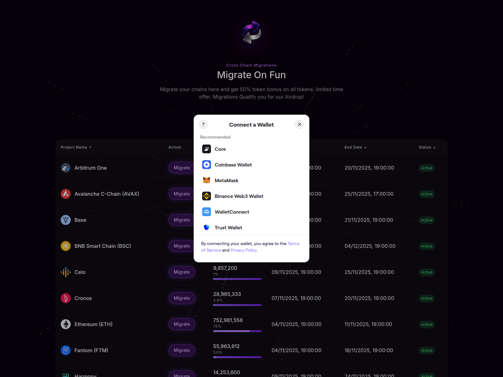 Screenshot of migratechain.info