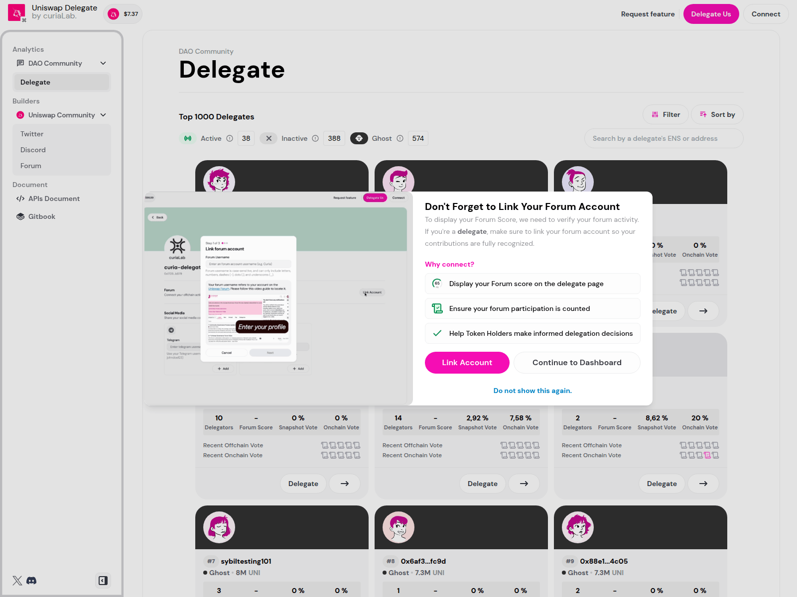 Screenshot of uniswapdao.curiahub.xyz