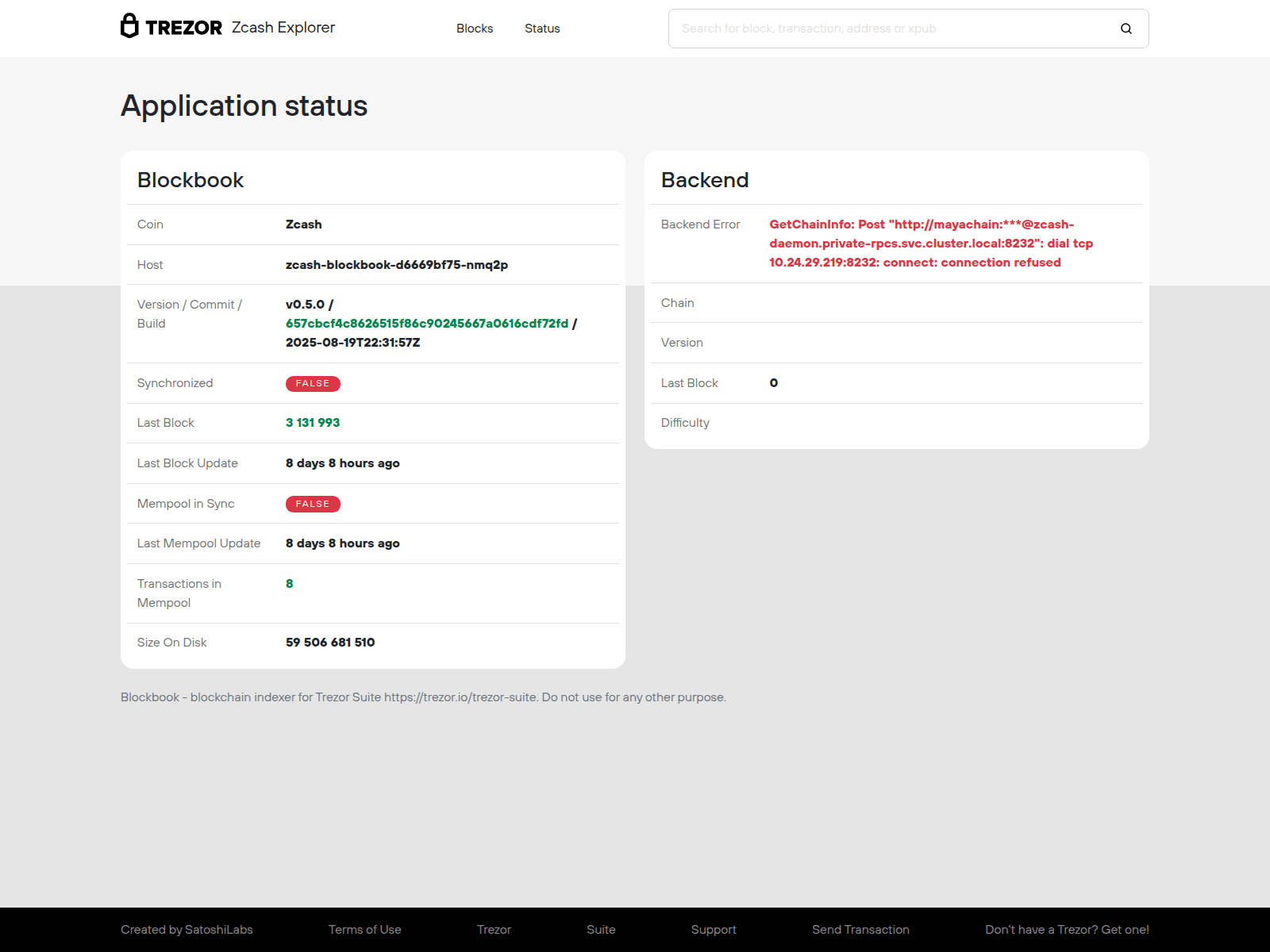 Screenshot of zec.blockbook.swapkit.dev