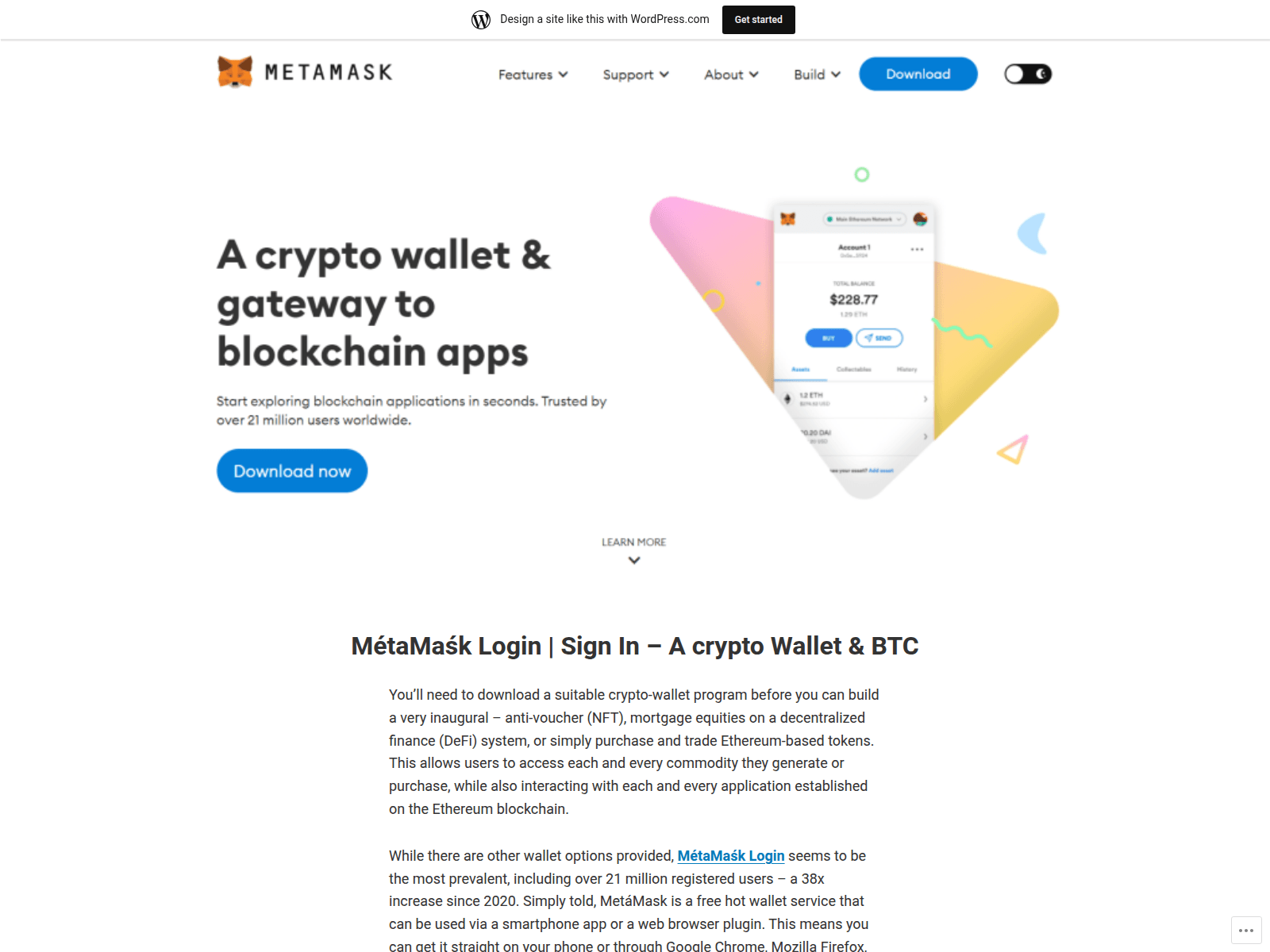 Screenshot of metamarsklogin.wordpress.com