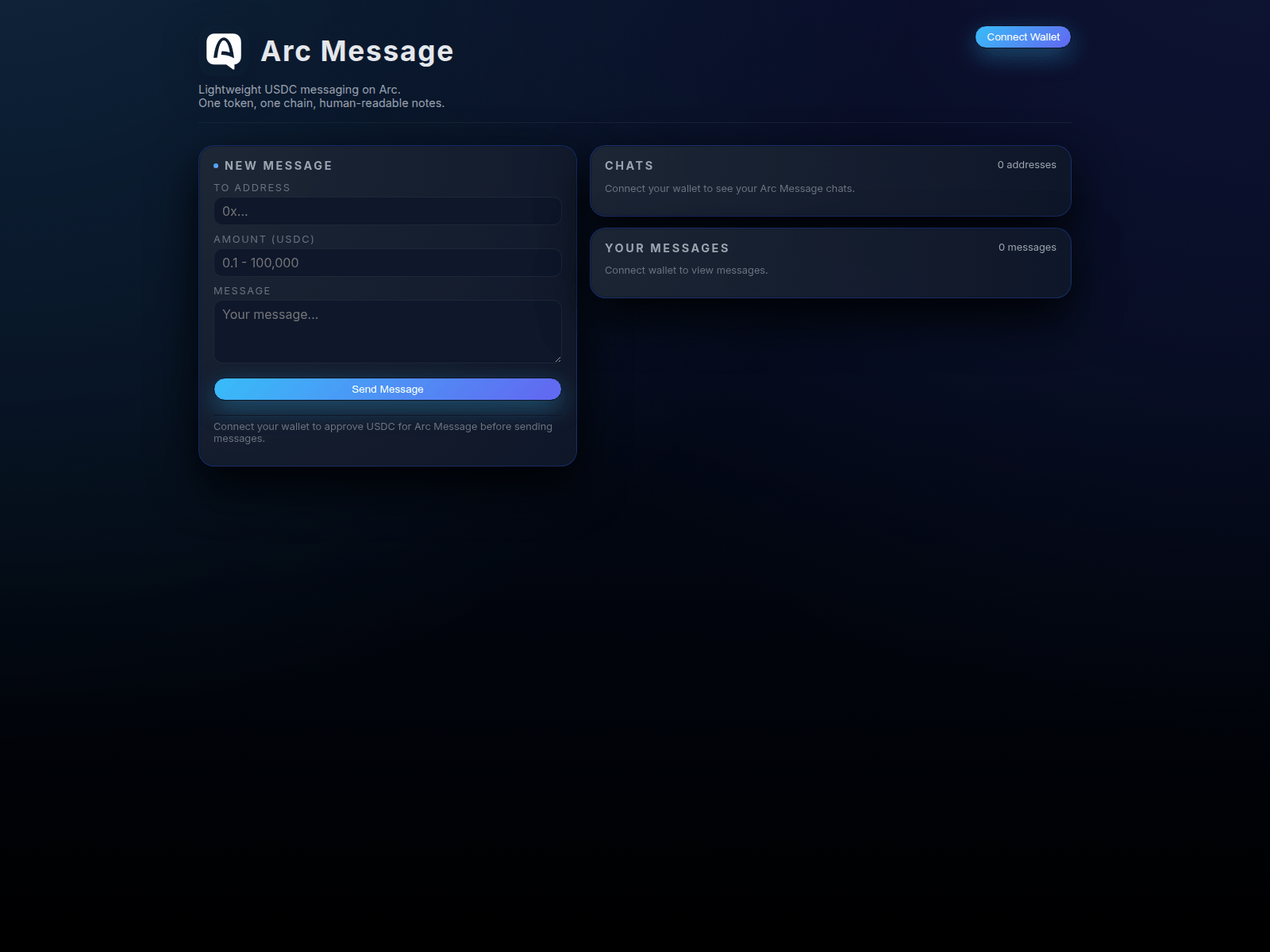 Screenshot of arcmessage.xyz