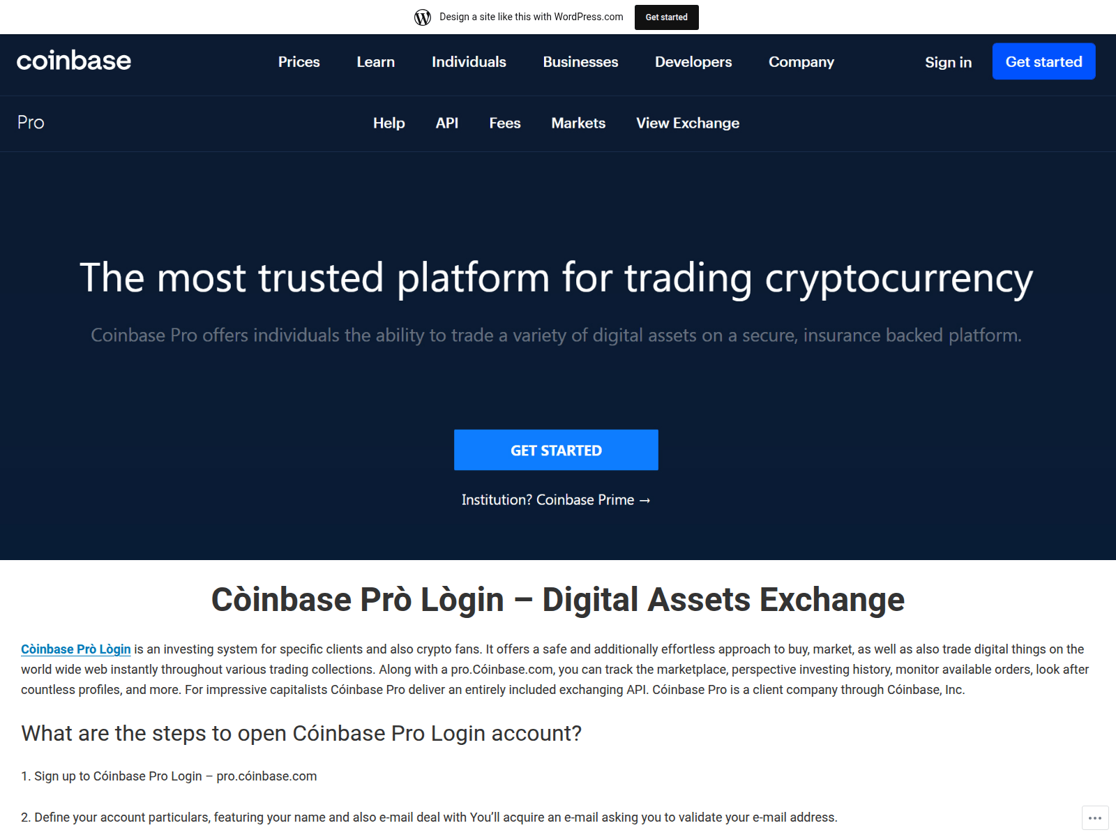 Screenshot of c0inbasepr0l0gin1n.wordpress.com
