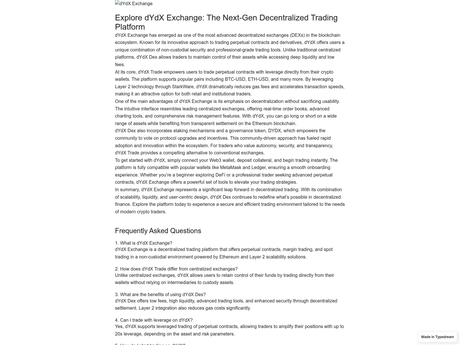 Screenshot of dydx-exchnge-docs.typedream.app