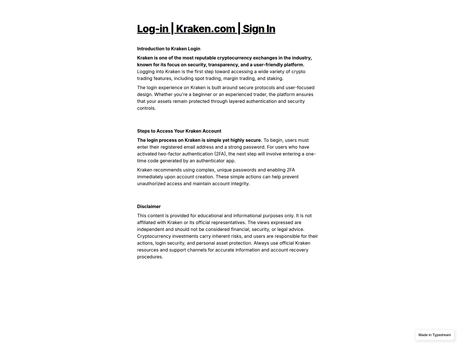 Screenshot of support-log-in-kraken-com-sign-in-cdn.typedream.app