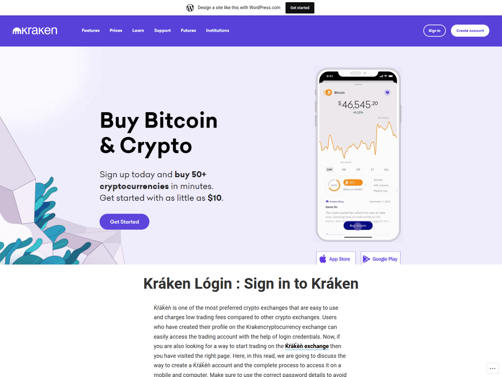 Screenshot of krakenylogin.wordpress.com