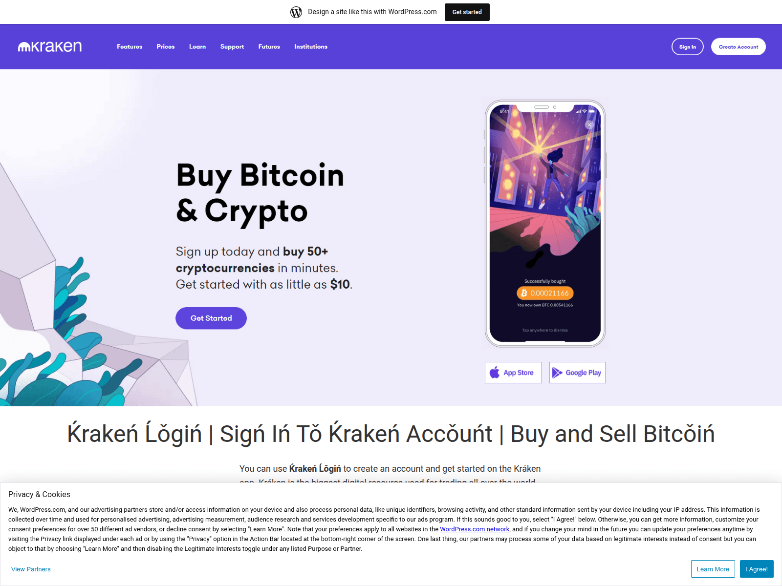 Screenshot of krakenflogin.wordpress.com