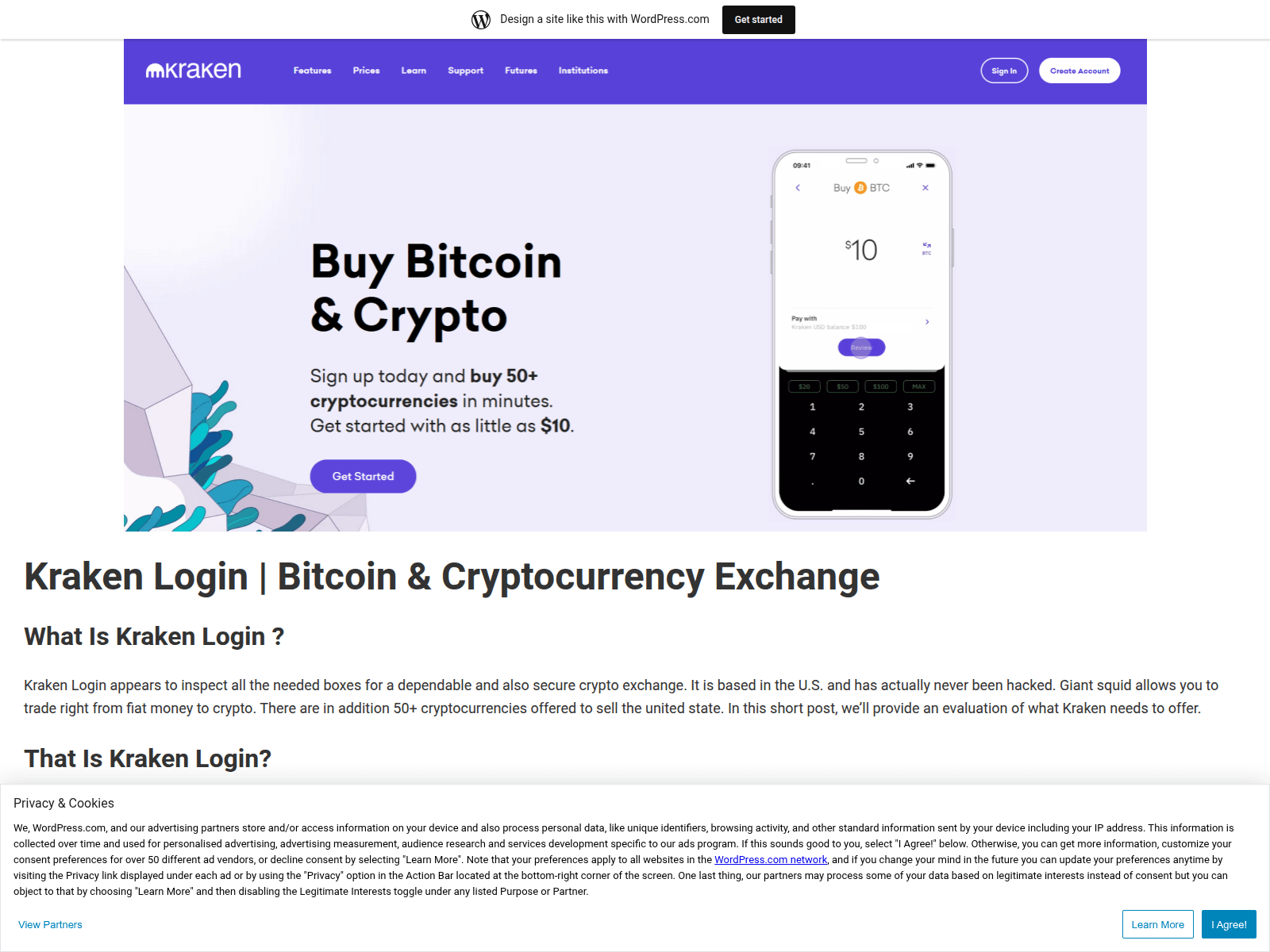Screenshot of kraken9login.wordpress.com