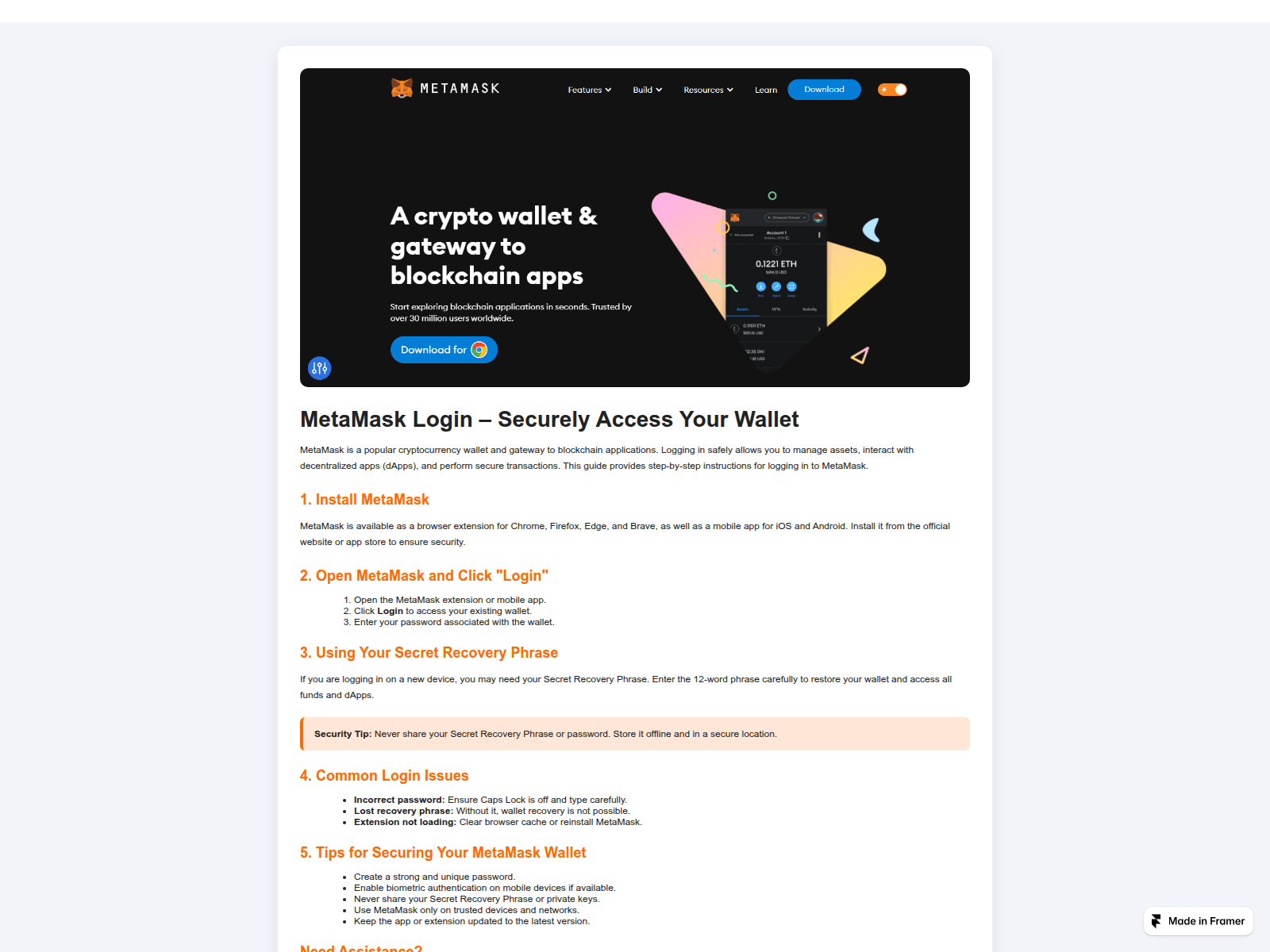 Screenshot of metamask-wb-home.framer.website