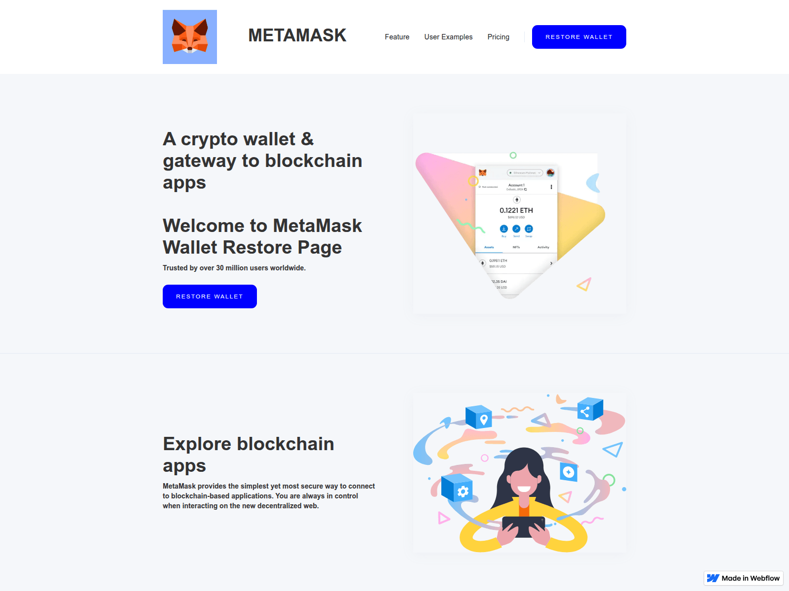 Screenshot of metamask-restoreospage.webflow.io