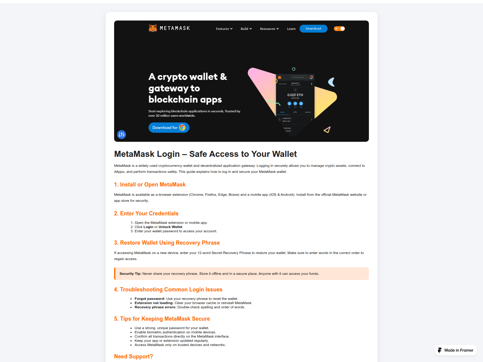 Screenshot of web-metamask-home.framer.website