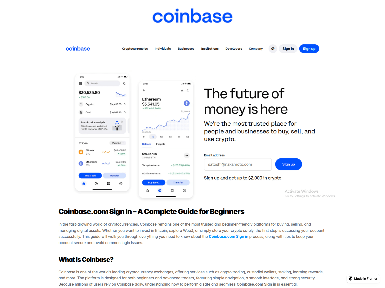 Screenshot of coinbesecumsignin.framer.ai