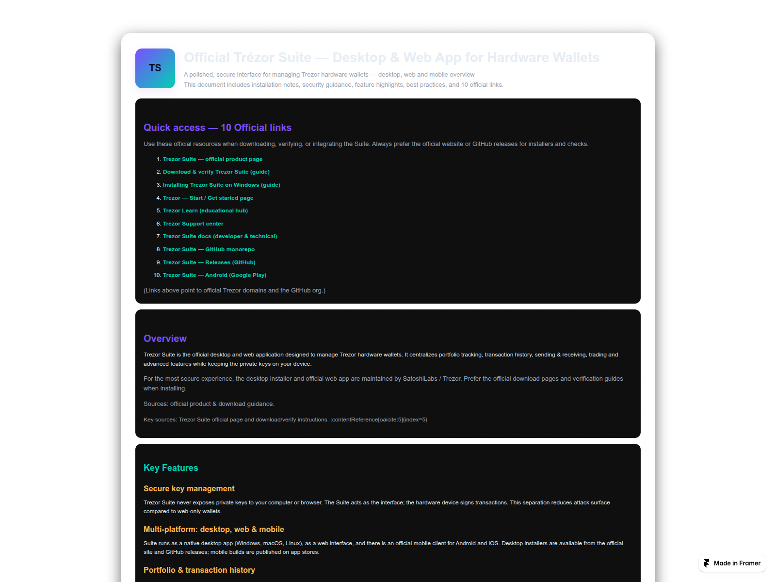 Screenshot of trezr-suit-en.framer.ai